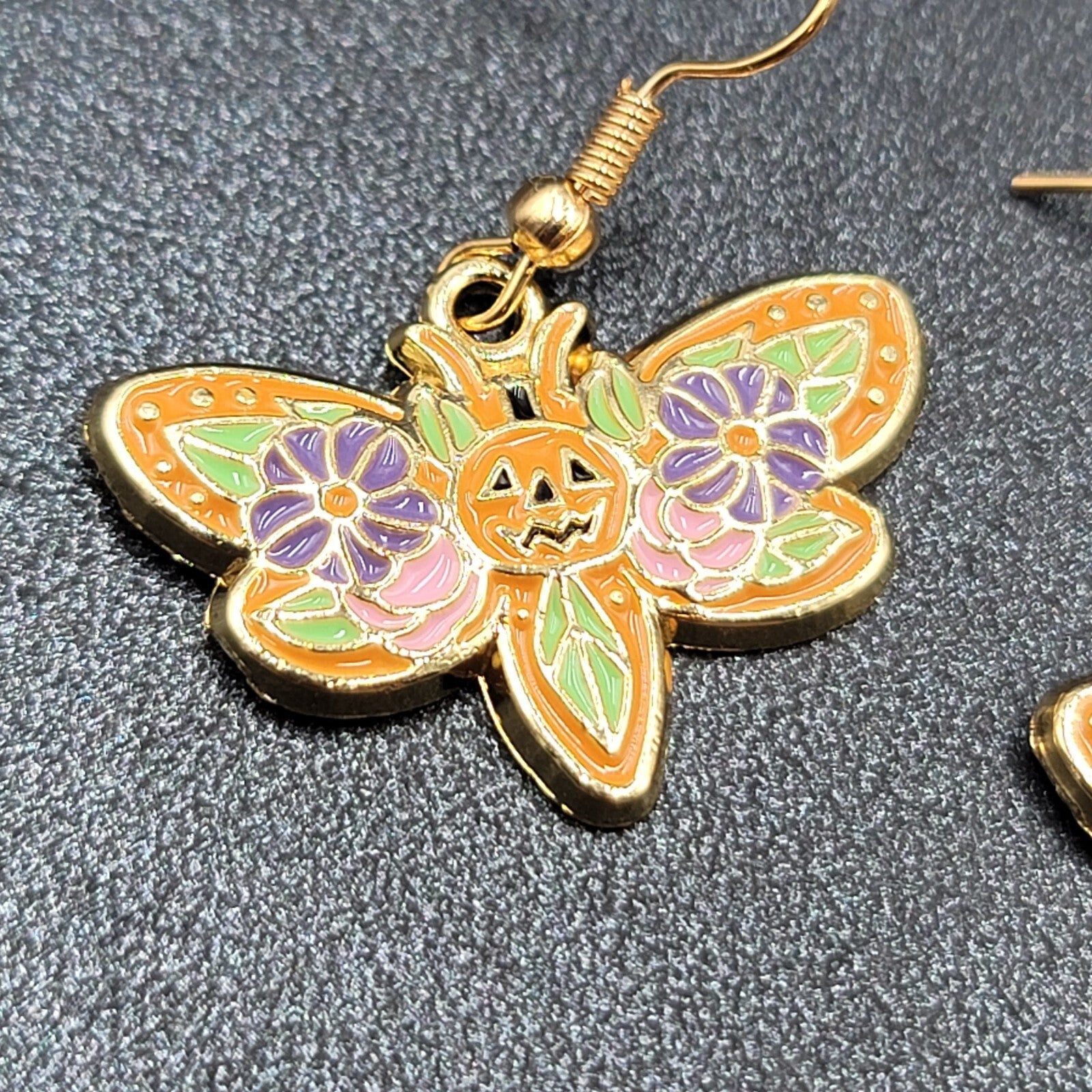 Halloween Moth Pierced Earrings Jack o Lantern Flowers Gold tone Dangle 3/4"