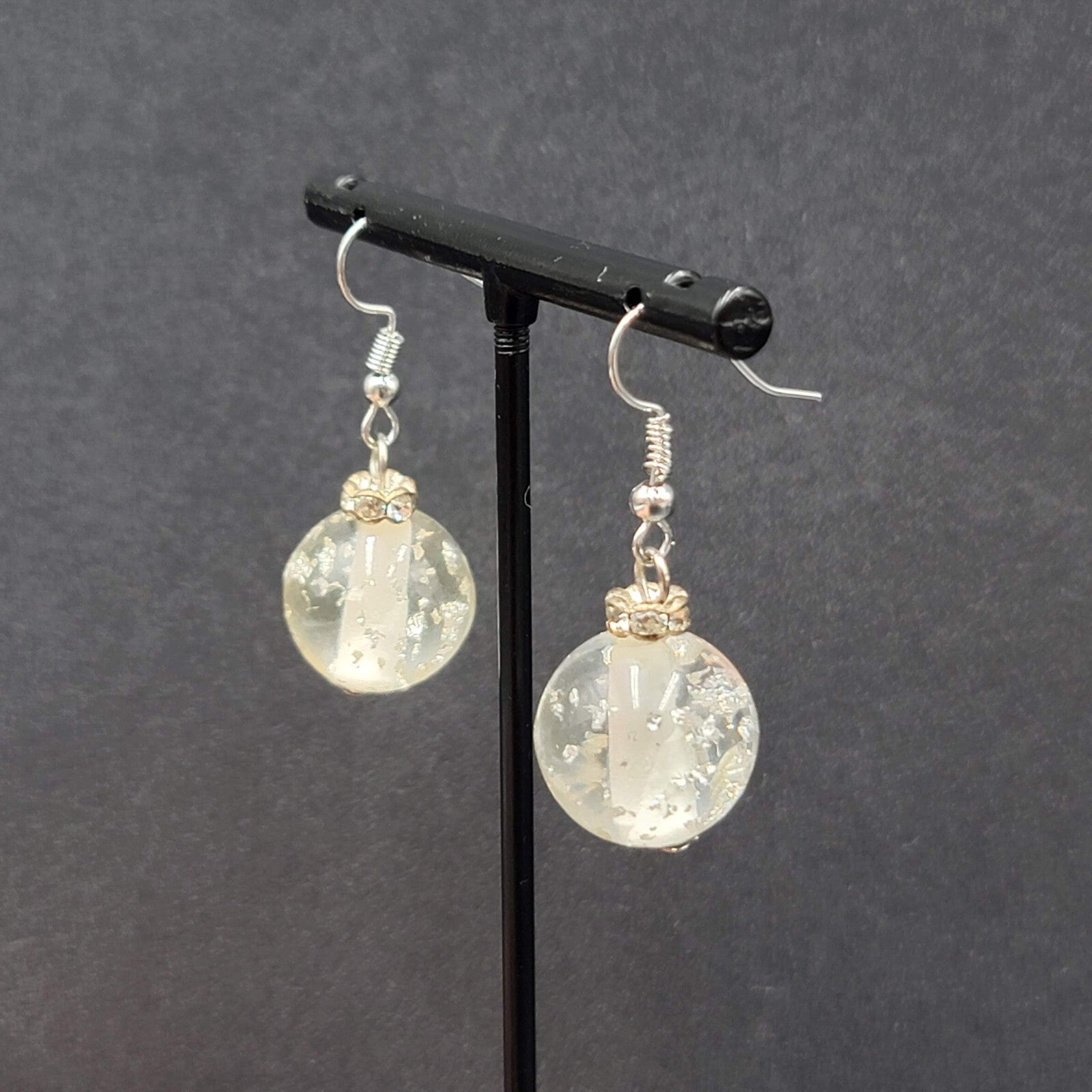 Pierced Earrings Silver tone Acrylic Clear Silver Glitter Bead 3/4"