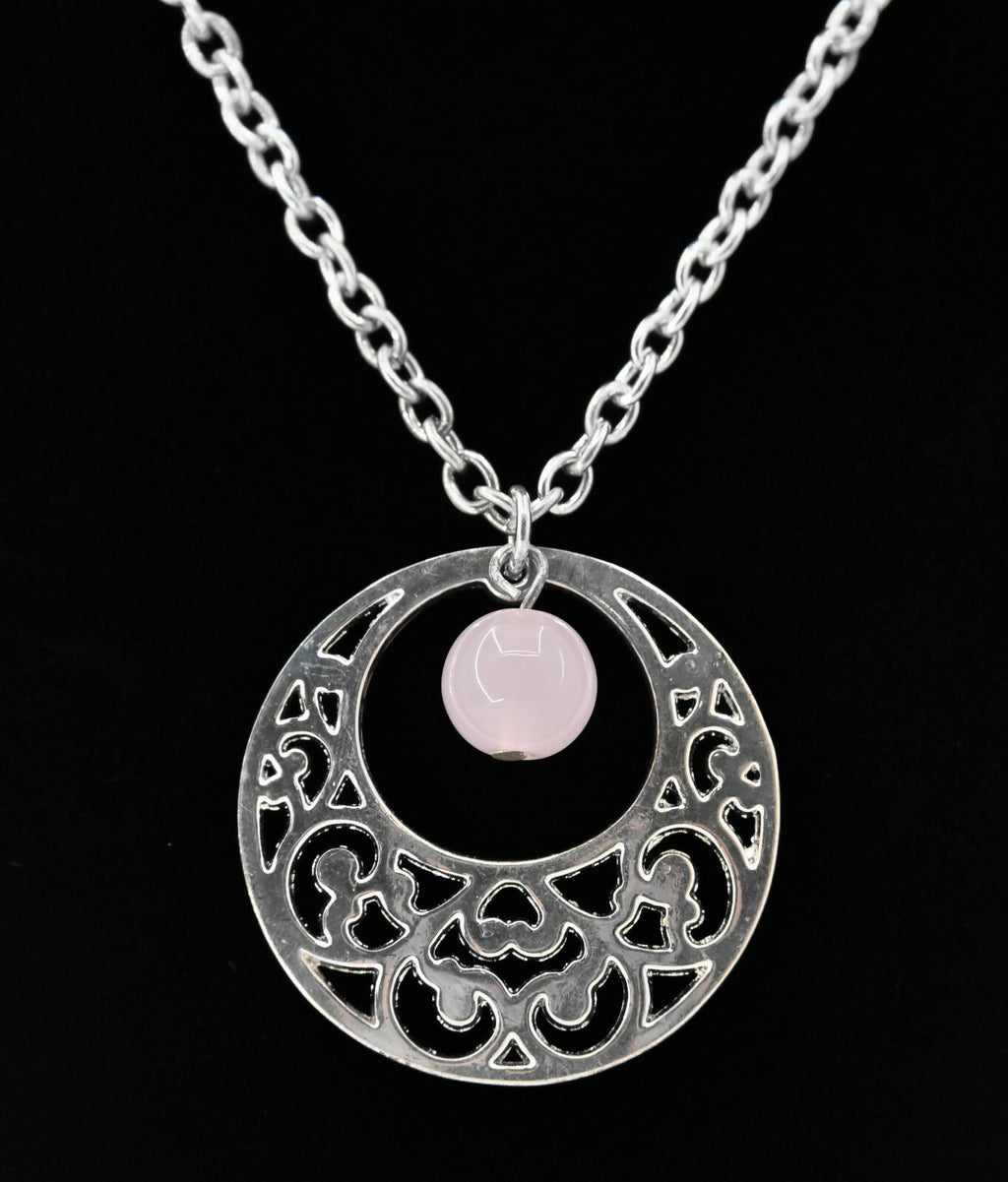 Pendant Necklace Signed LBVYR Pink Quartz Dangle Silver Round Filigree Open  20"