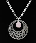 Pendant Necklace Signed LBVYR Pink Quartz Dangle Silver Round Filigree Open  20"