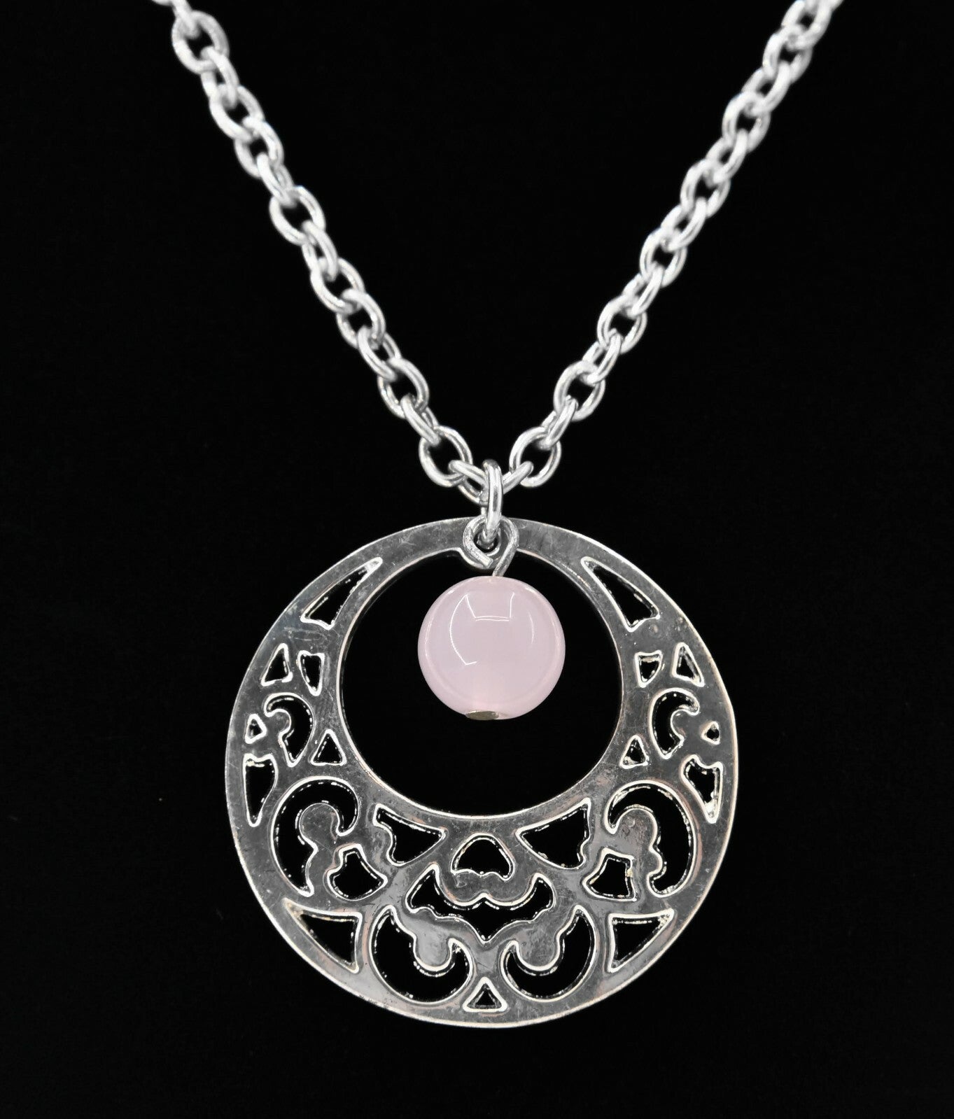 Pendant Necklace Signed LBVYR Pink Quartz Dangle Silver Round Filigree Open  20"