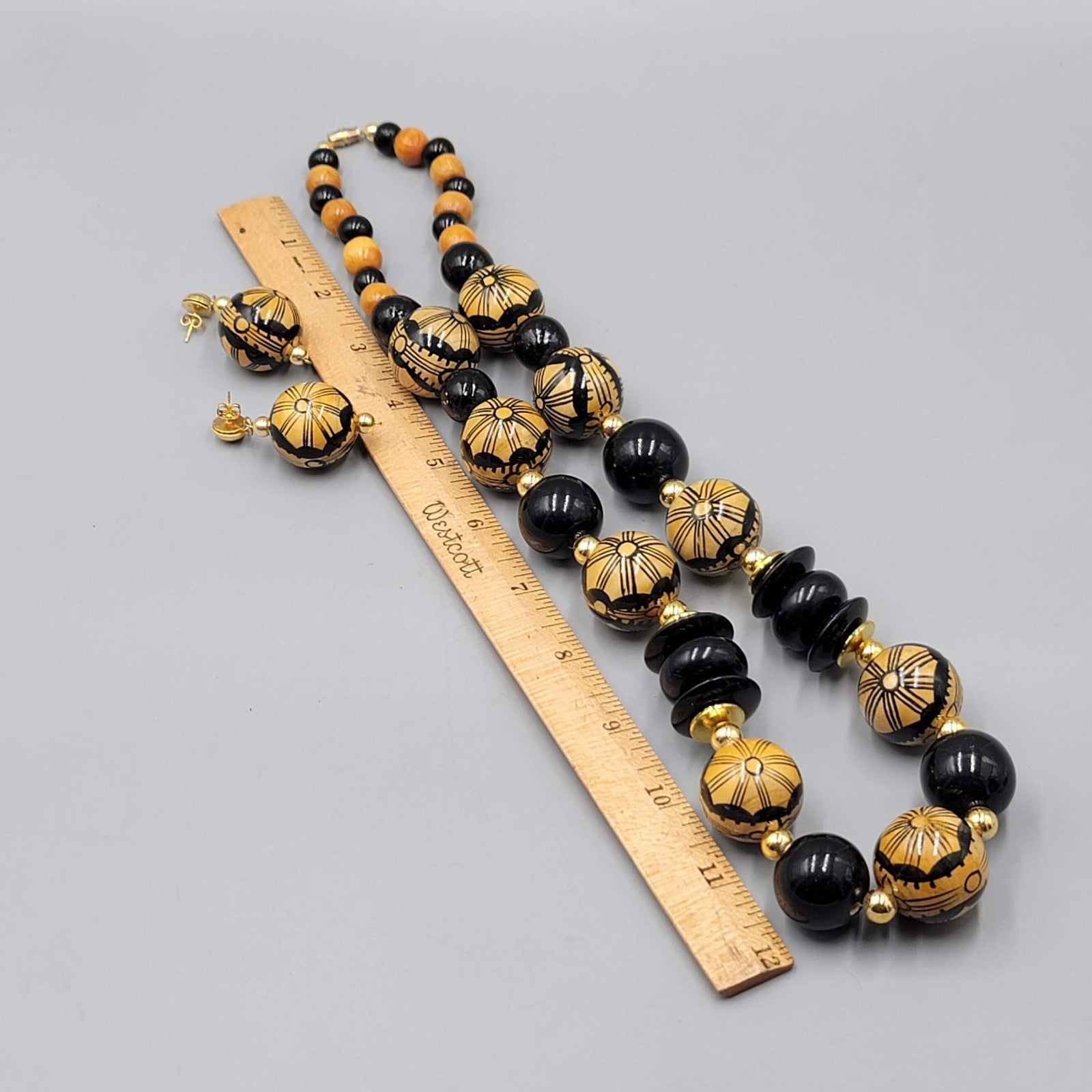 Vintage Large Bead Statement Necklace Pierced Earring Set Tan Black Gold tone