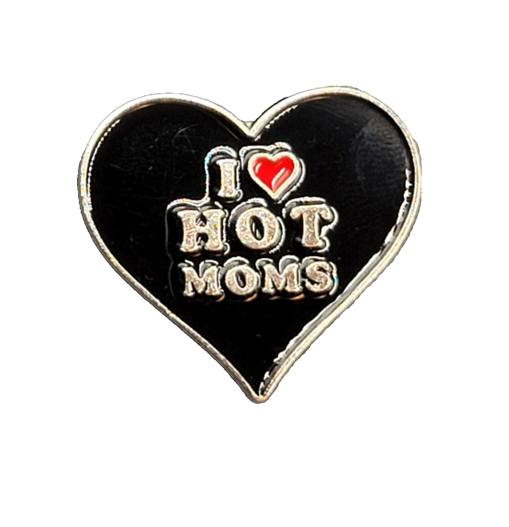 I Love Hot Moms Heart Black Metal Enamel Badge Brooch Pin 1 1/8"