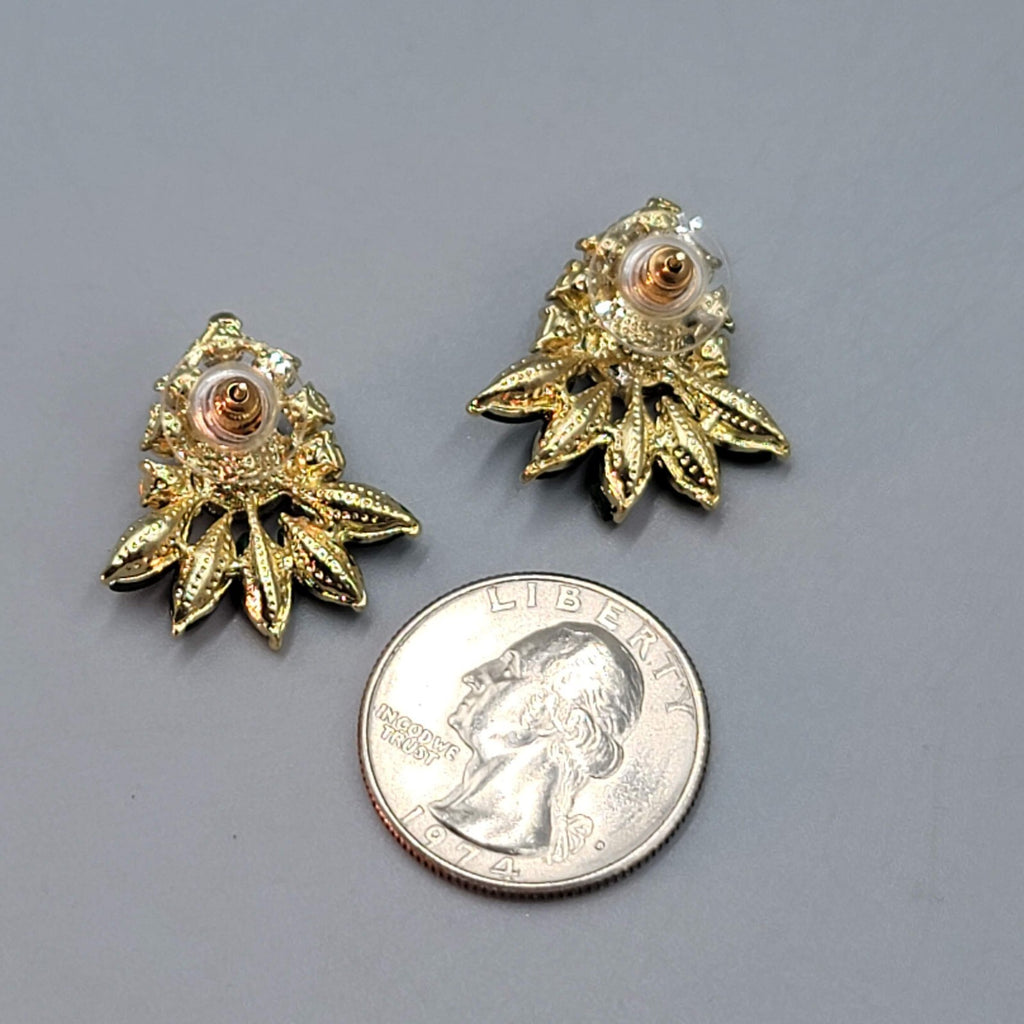 Pierced Earrings Gold tone Green Accent Statement Drop 1"
