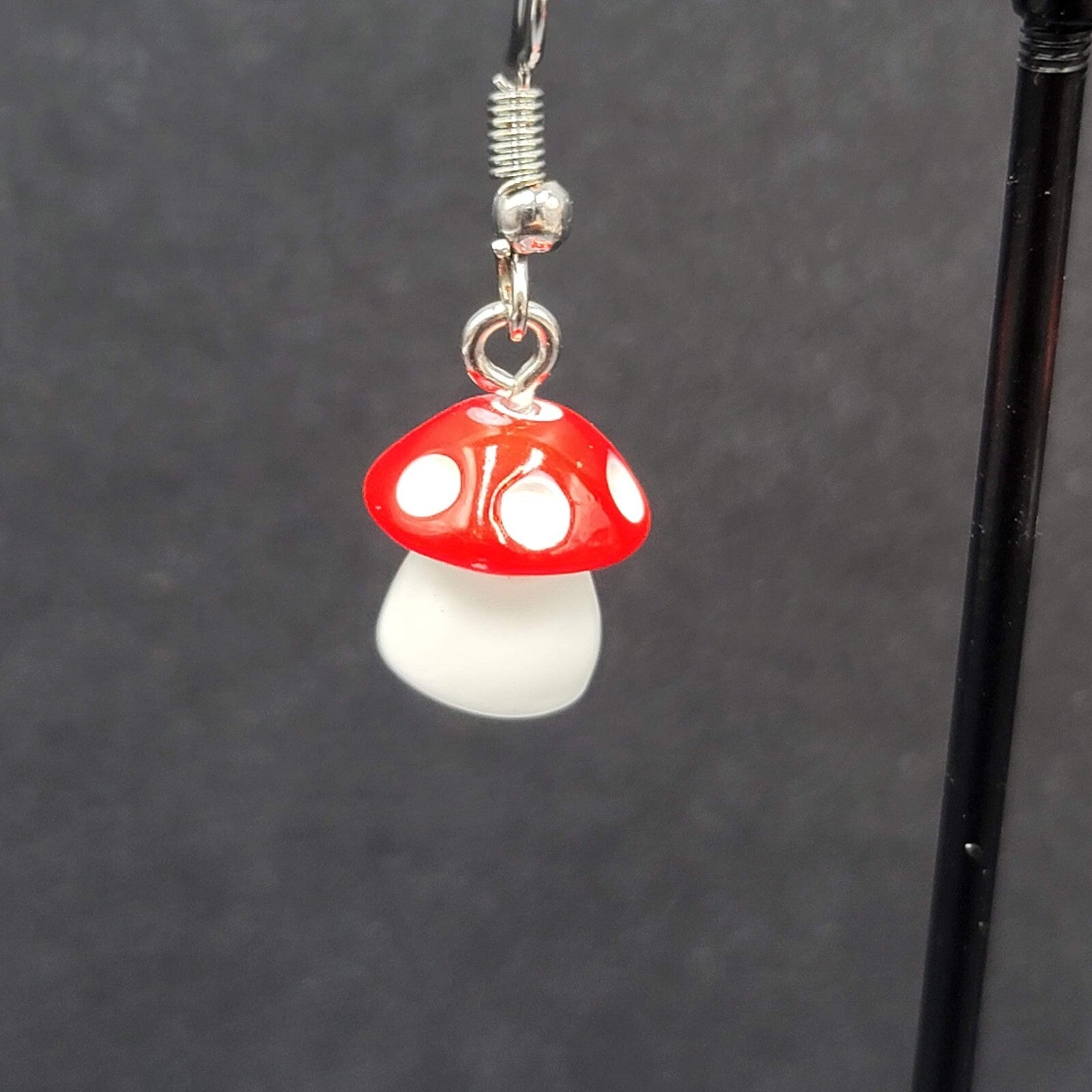 Pierced Earrings Red White Polka Dot Mushroom Dangle Cute 1/2"