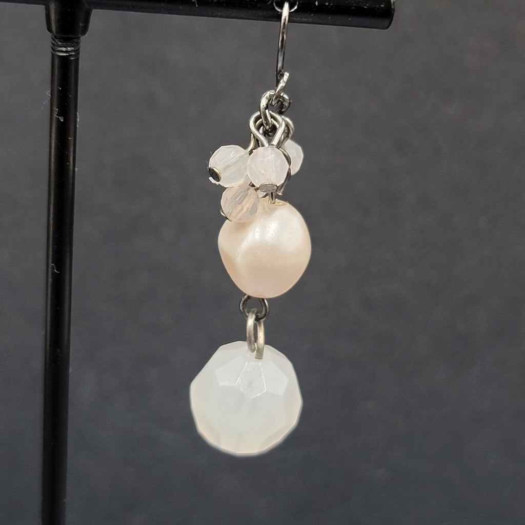Pierced Earrings Black Metal Pale Pink Beads Dangle 1.5"