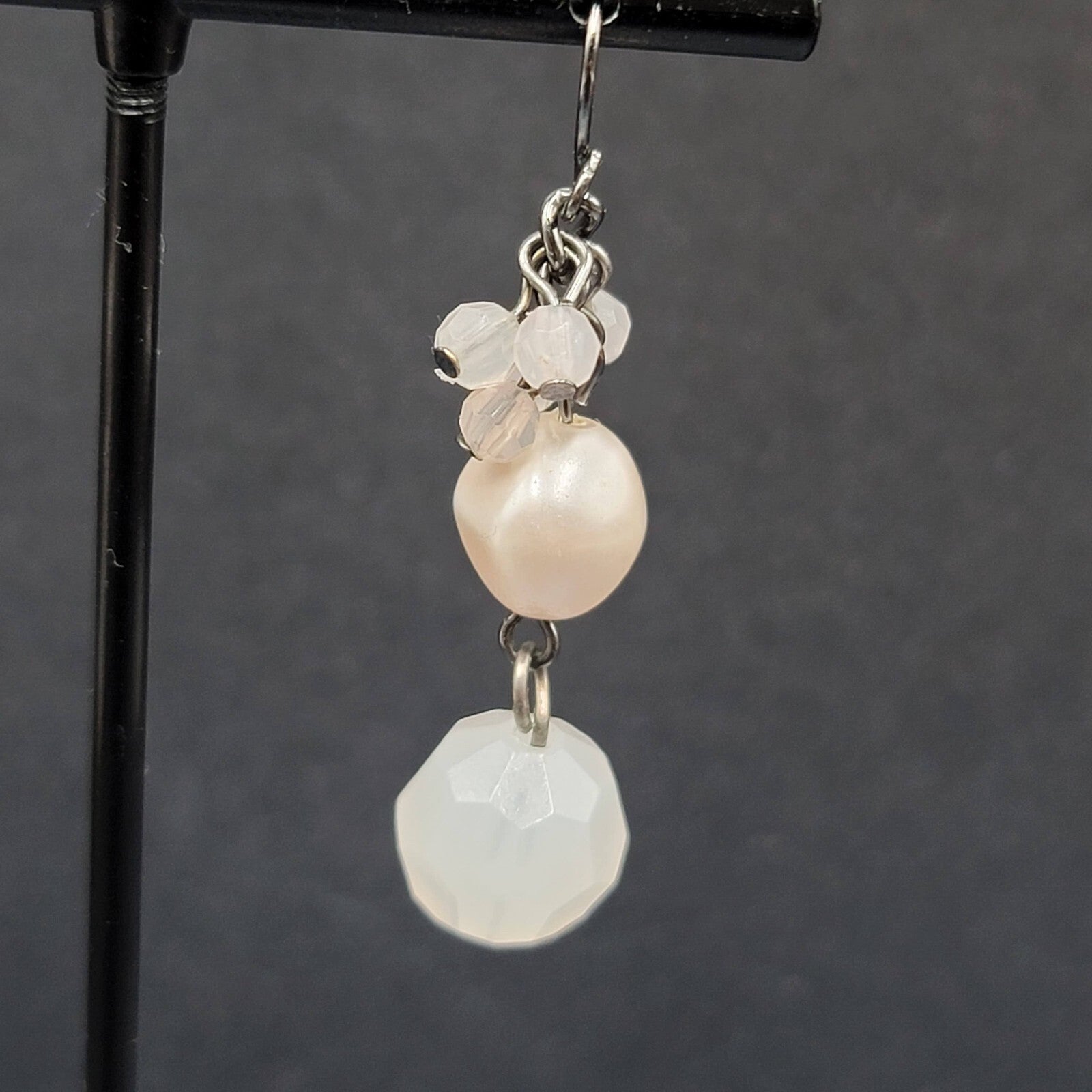 Pierced Earrings Black Metal Pale Pink Beads Dangle 1.5"