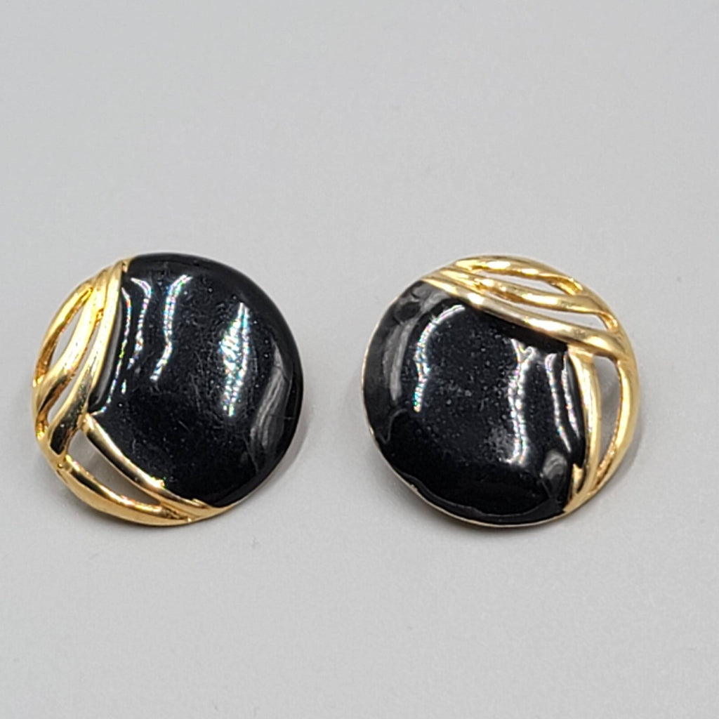 Vintage Clip on Earrings Gold tone Black Enamel Statement Drop 1 1/8"