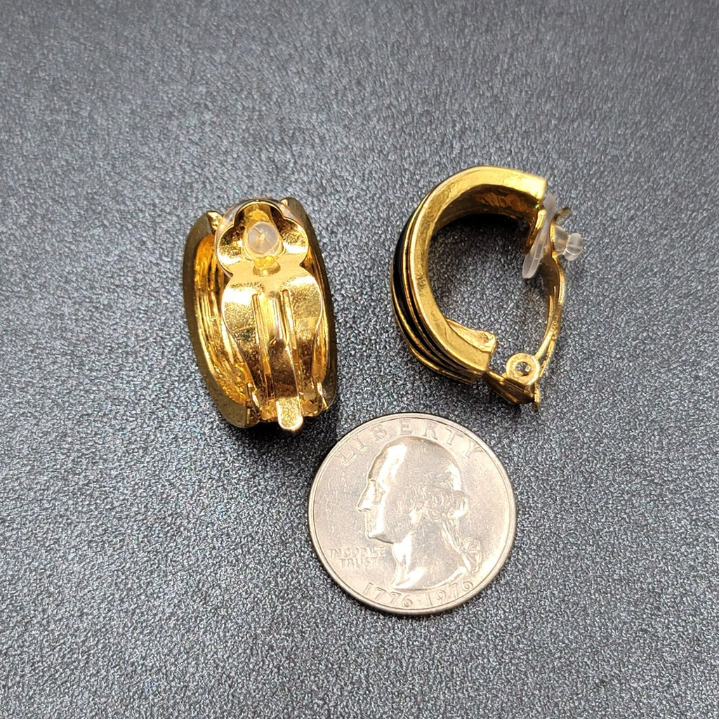 Vintage Clip on Earrings Large Gold Plated Black Enamel Drop Half Hoops 1"
