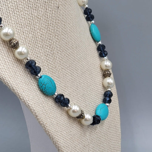 Blue Stone Bead Necklace Blue White Silver tone 18"