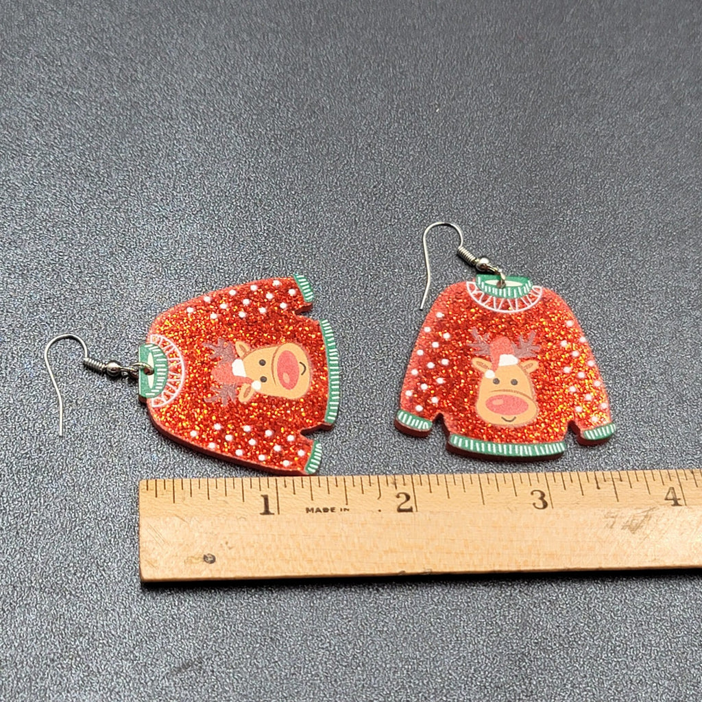 New Pierced Earrings Ugly Christmas Sweater Reindeer Dangle 1.5"