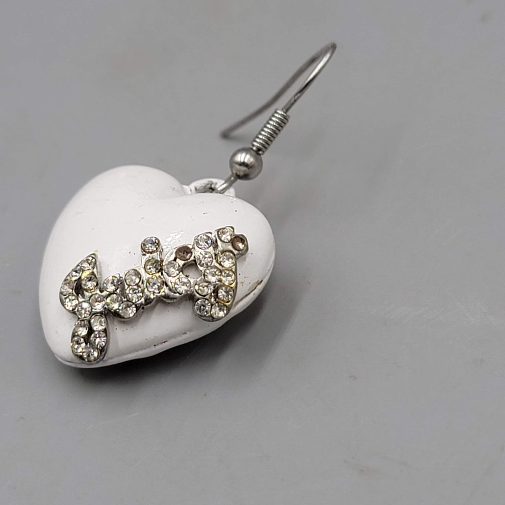 Juicy Pierced Earrings White Enamel Puffy Hearts Rhinestones Silver tone Dangle 