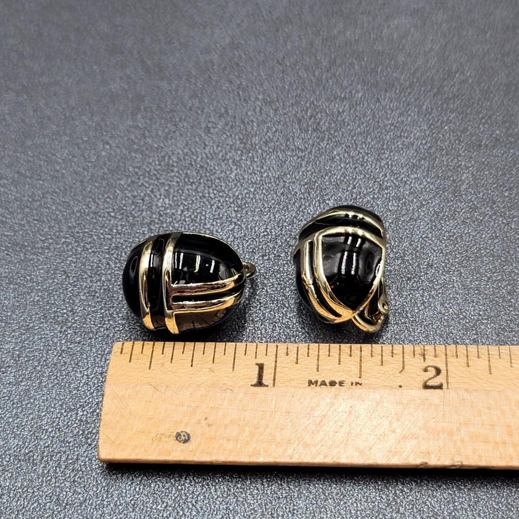 Vintage Clip on Earrings Gold tone Black Enamel Dome Oval Studs 3/4"