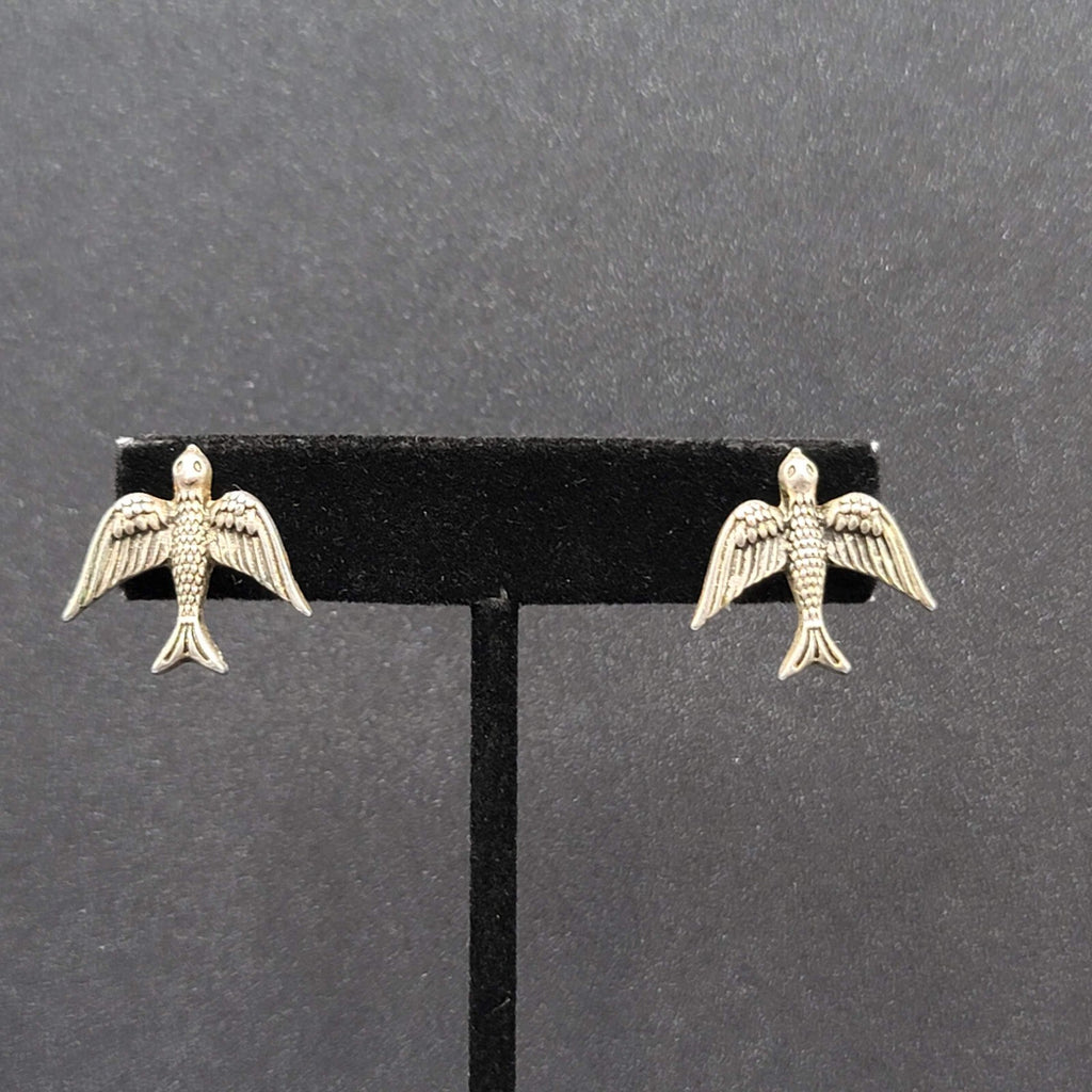 Bird Pierced Earrings Silver tone Drop 3/4"