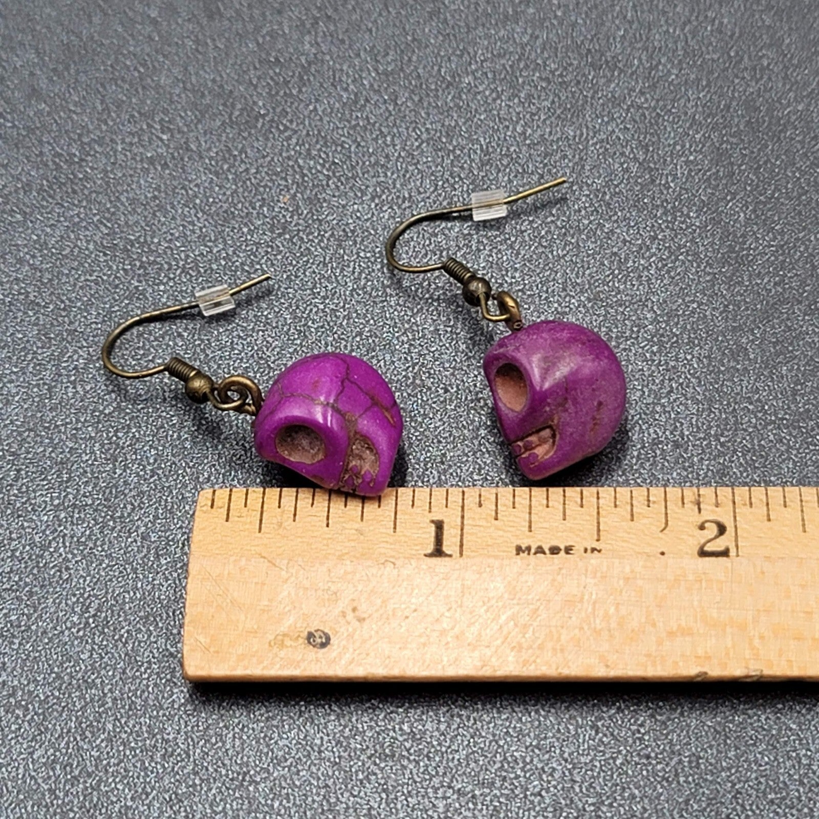 Skull Pierced Earrings Purple Howlite Stone Bead Dangle 3/4"