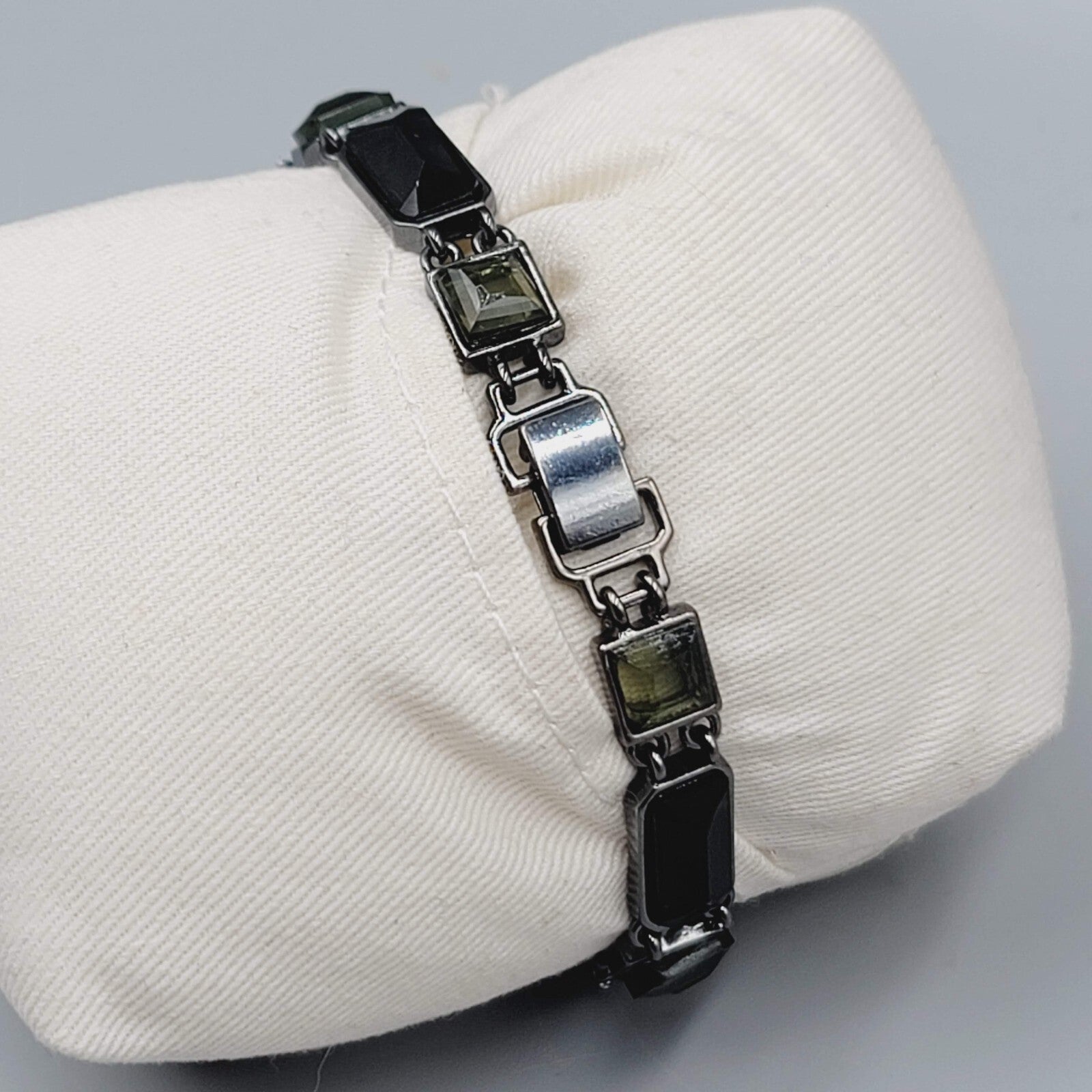 Black Metal Bracelet Dark Green Blue Rhinestones 7.25"