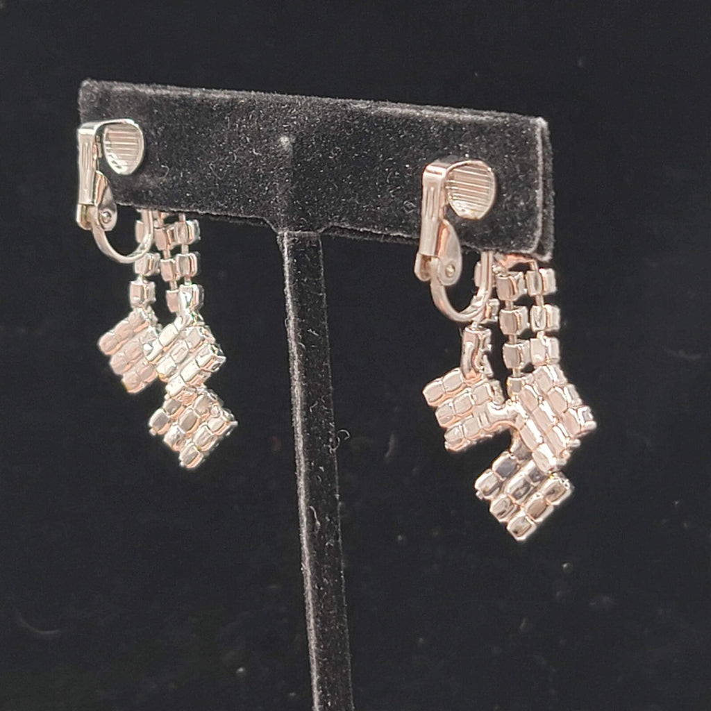 Vintage Rhinestone Clip on Earrings Dangle Silver tone 1.5" Length