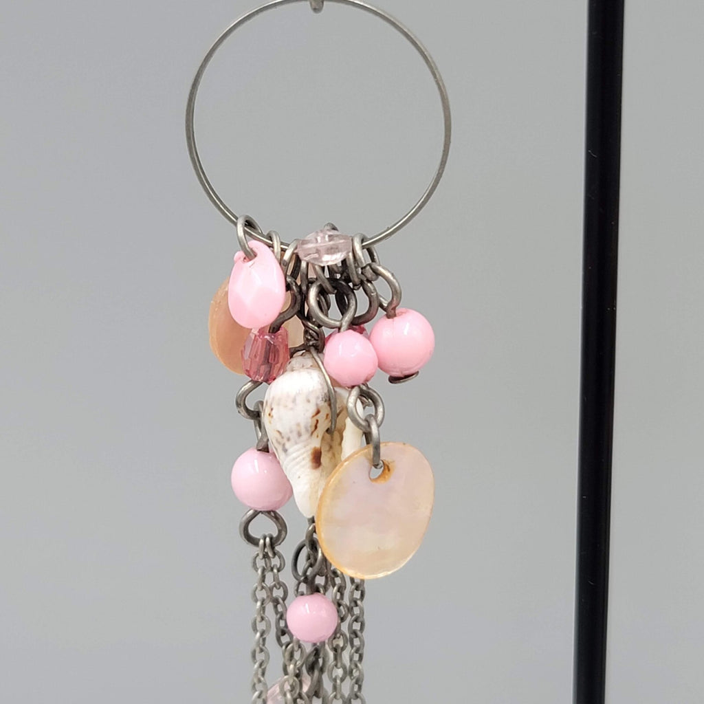 Pink Bead Seashell Pierced Earrings Silver tone Long Dangle Chains 3.25"