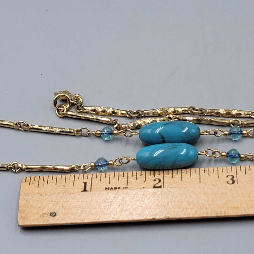 Vintage Sarah Cov Long Station Necklace Blue Bead Gold tone Bar Chain 36"