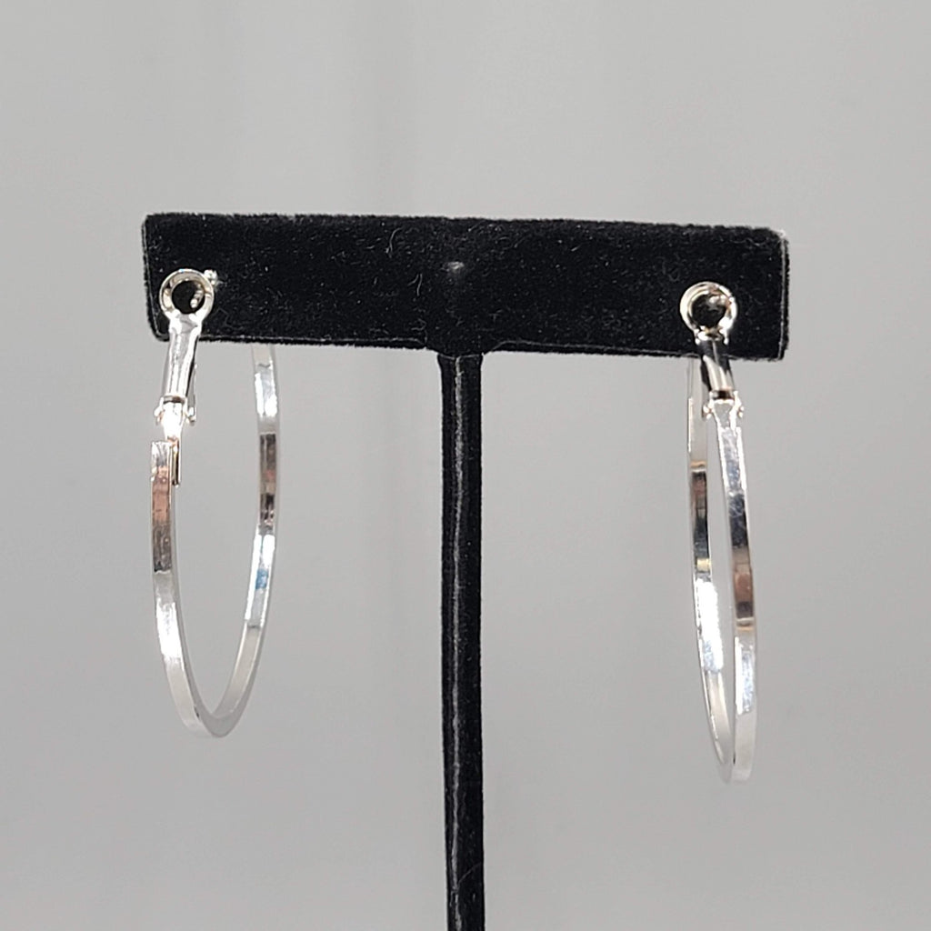 Rhinestone Hoop Pierced Earrings Silver toen Large 1 7/8"