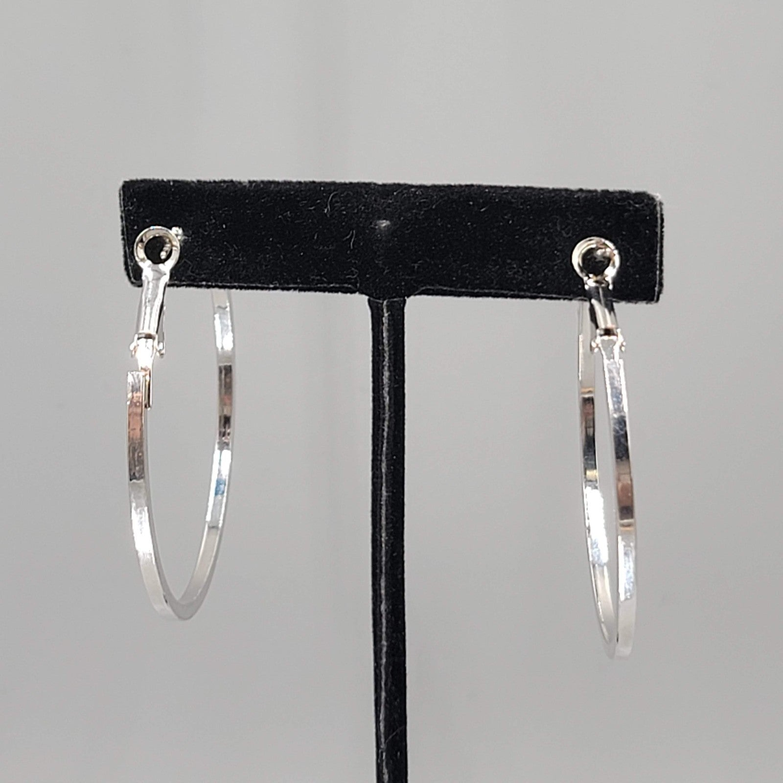 Rhinestone Hoop Pierced Earrings Silver toen Large 1 7/8"