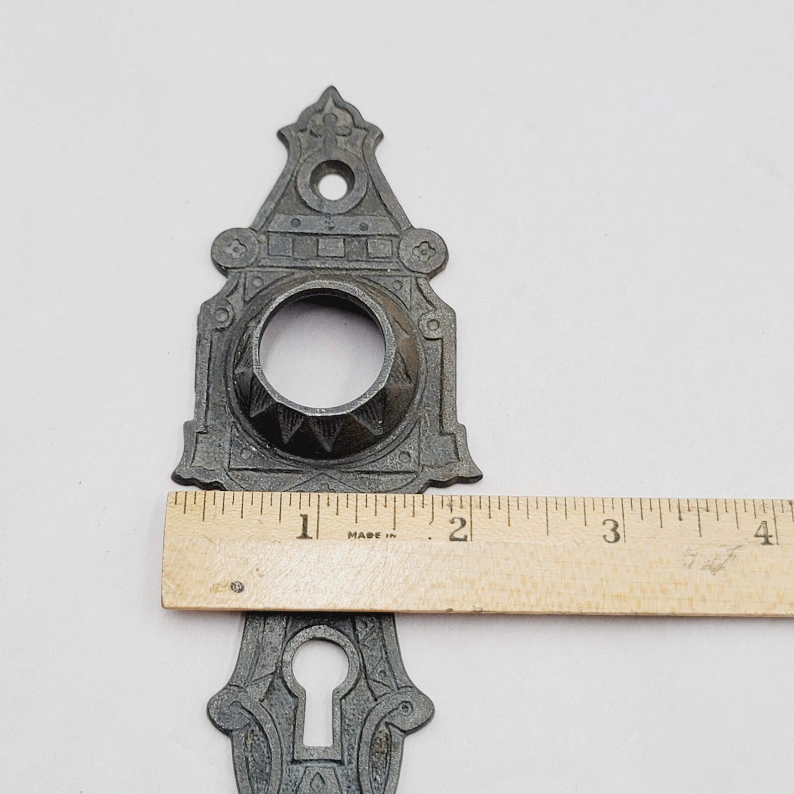Vintage Cast Iron Doorknob Back Plate Skeleton Keyhole Ornate 5.75"x2" holes 2.2