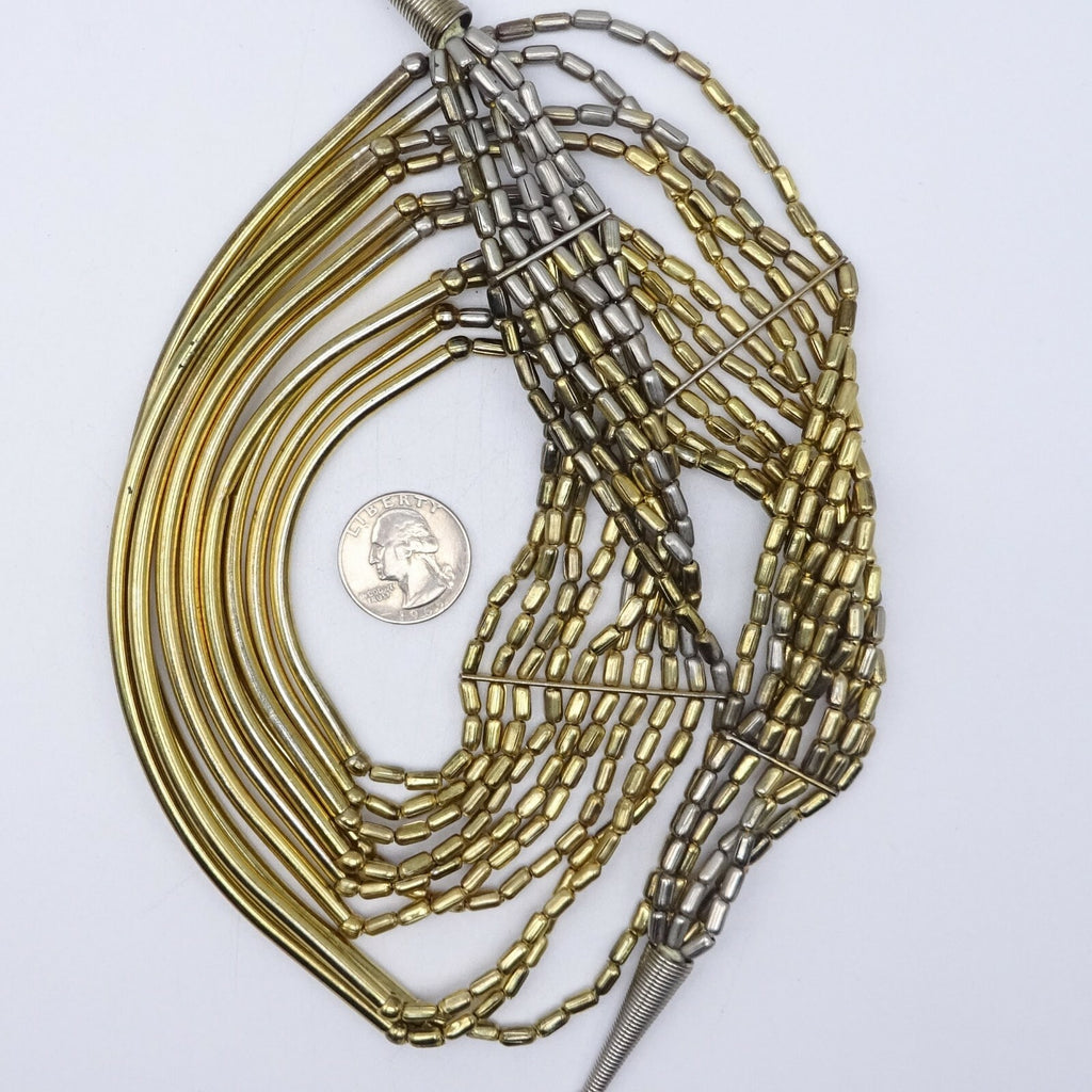 Large Multi Strand Statemet Necklace 18" Two-toned Gold & Silver Metal Beads
