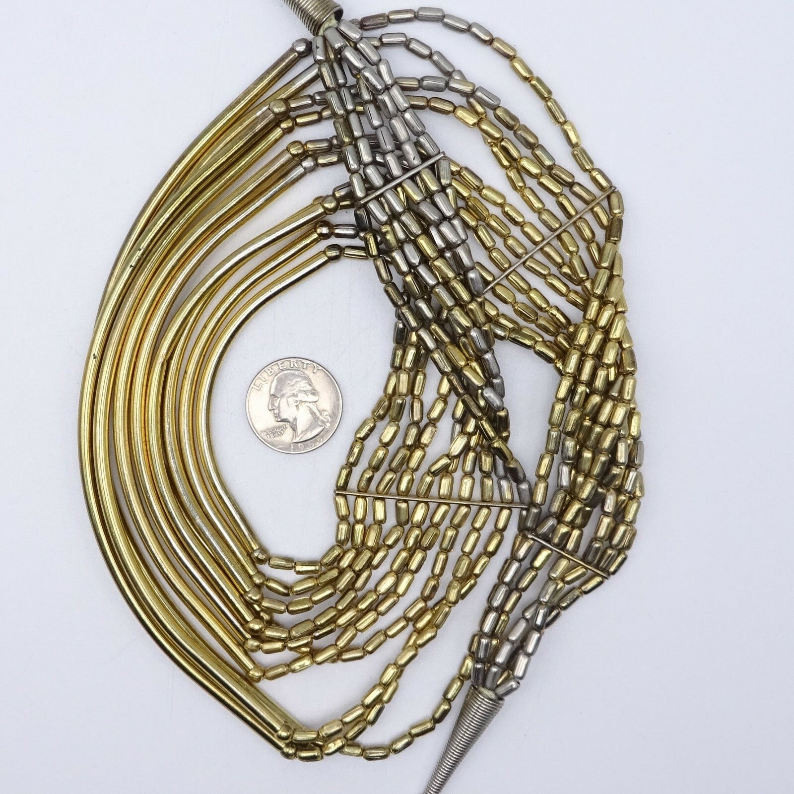Large Multi Strand Statemet Necklace 18" Two-toned Gold & Silver Metal Beads