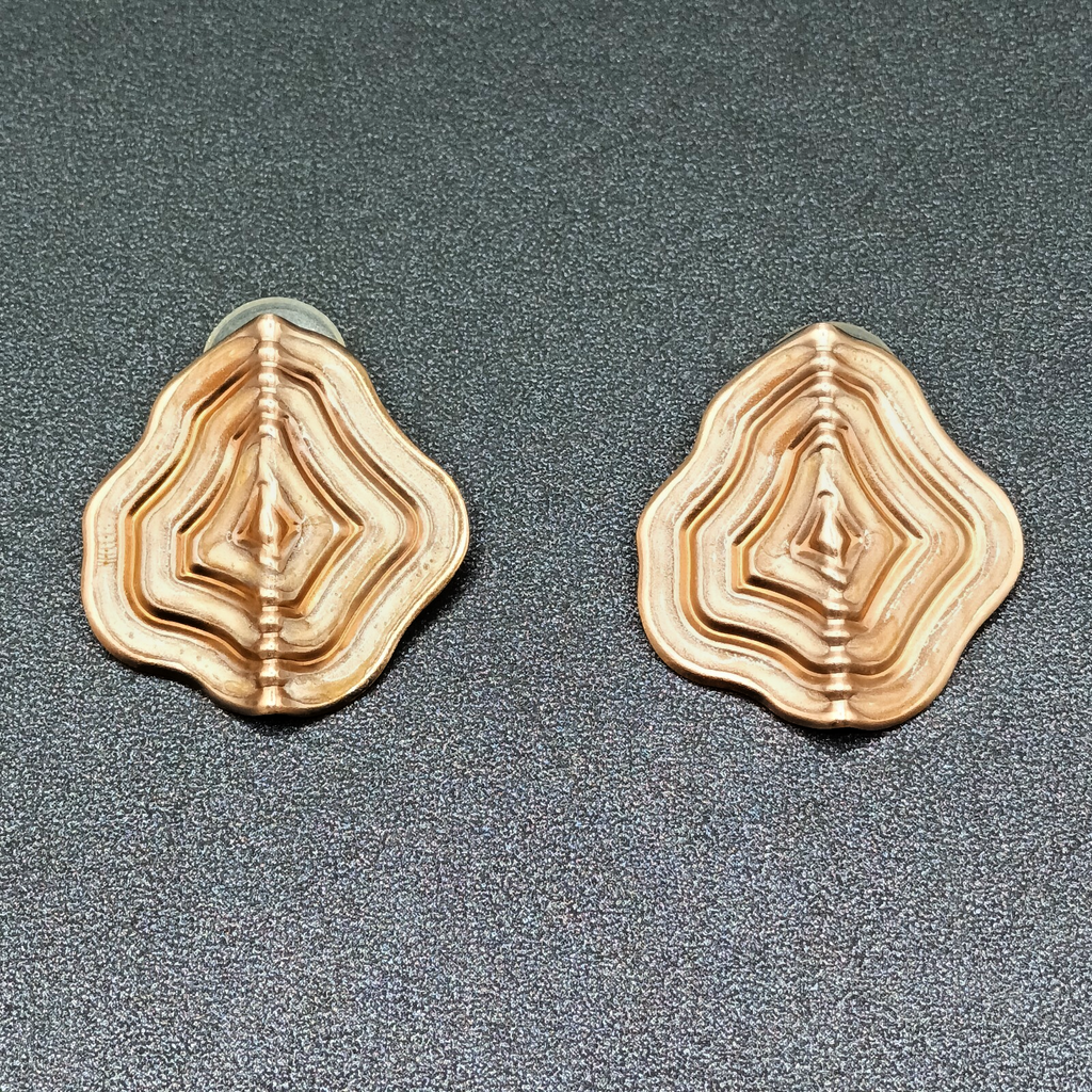 Vintage Pierced Earrings Copper tone Enamel Textured Bent Metal Dangle 1 3/8"