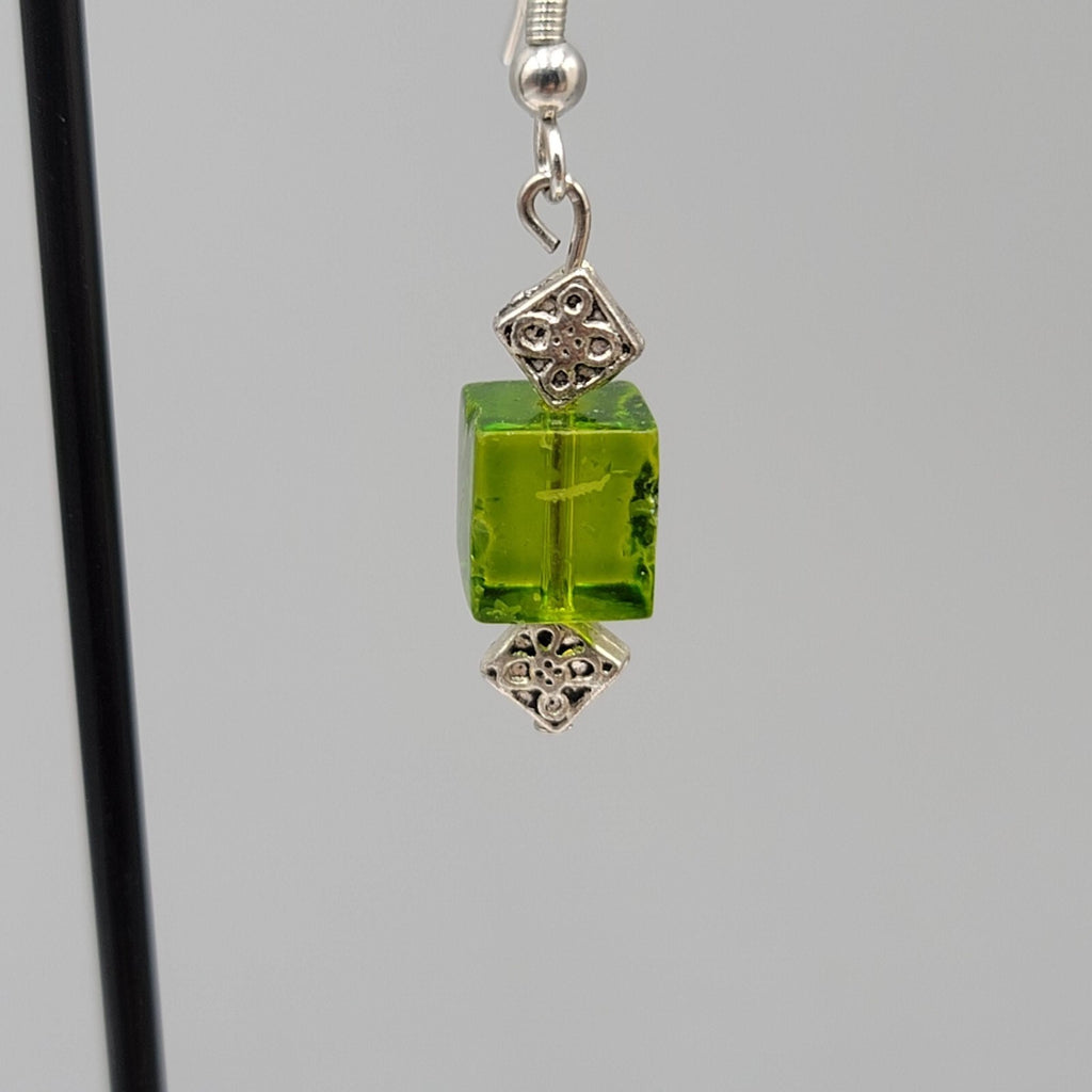 Pierced Earrings Square Green Glass Bead Silver tone Dangle 1"