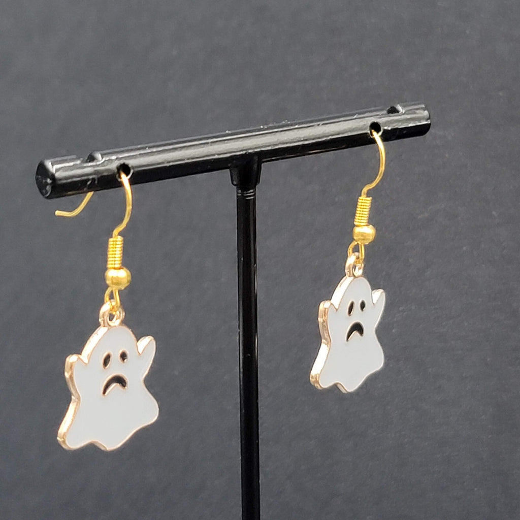 Halloween Sad Ghost Pierced Earrings Gold tone Gray Enamel Dangle 3/4"