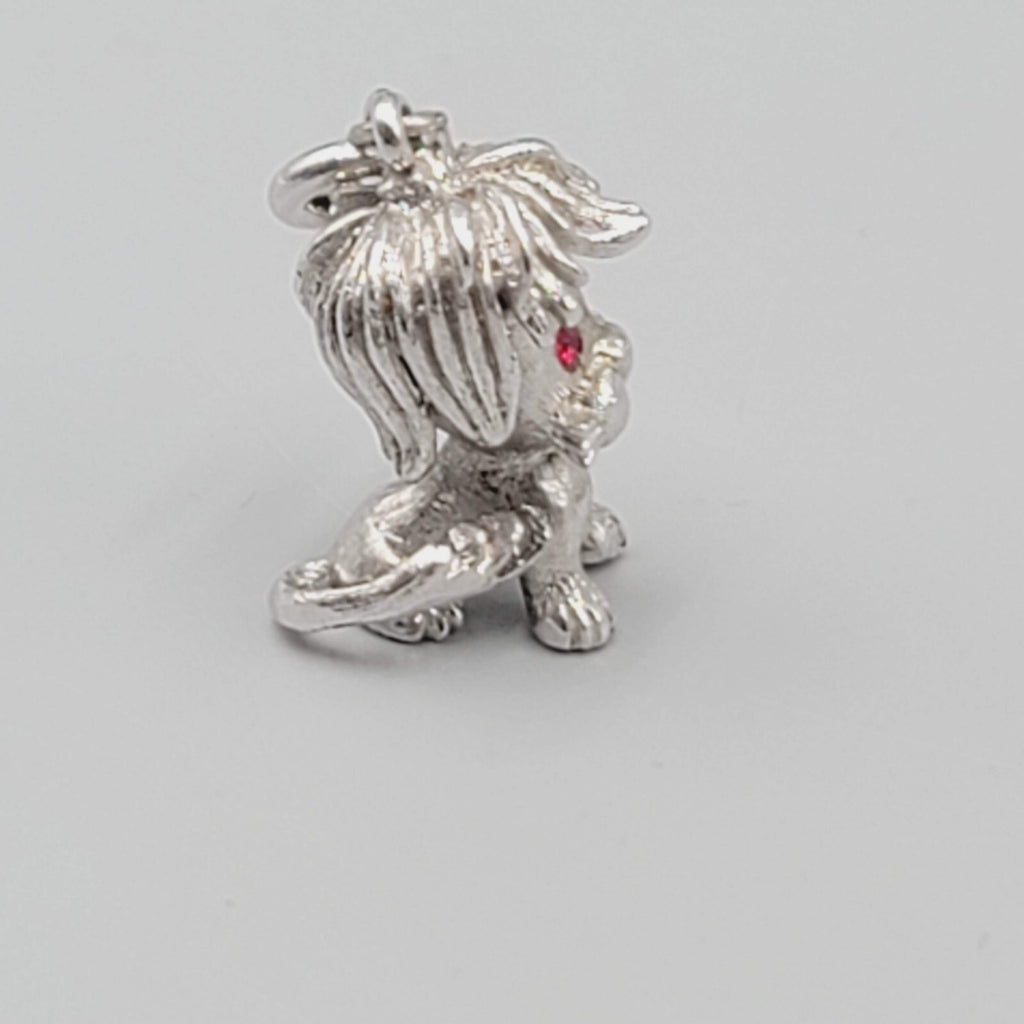 Vintage Monet Dog Charm Silver Tone Dangle Red Rhinestone Eyes 1"