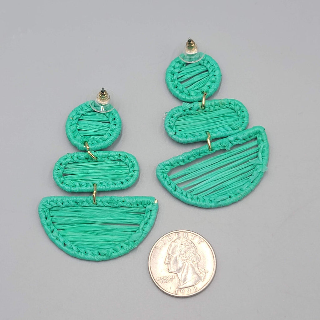 Green Rattan Pierced Earrings Statement Dangle 2.5"