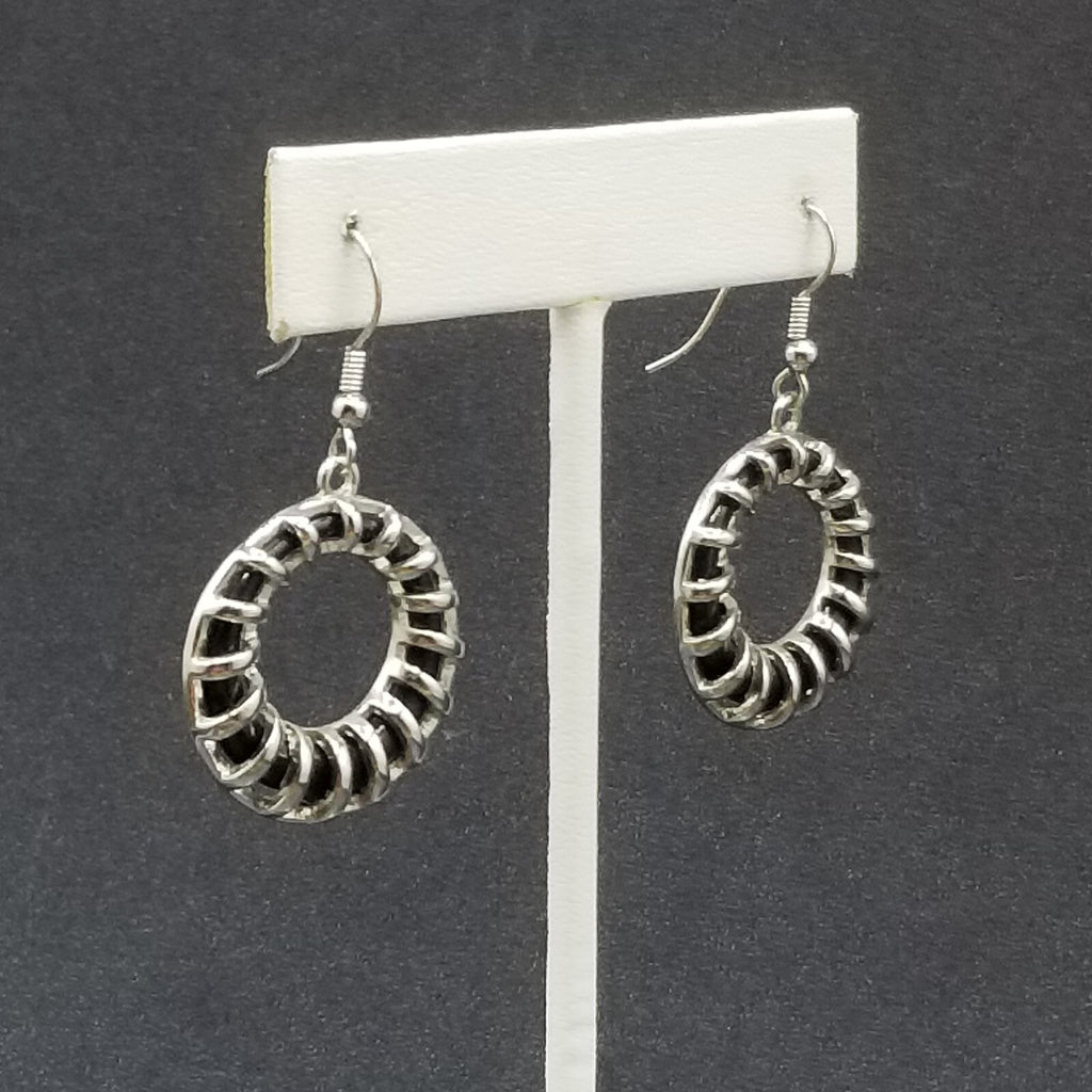 Pierced Earrings Silver tone Black Acrylic Geometric Ring Statement Dangle 1"