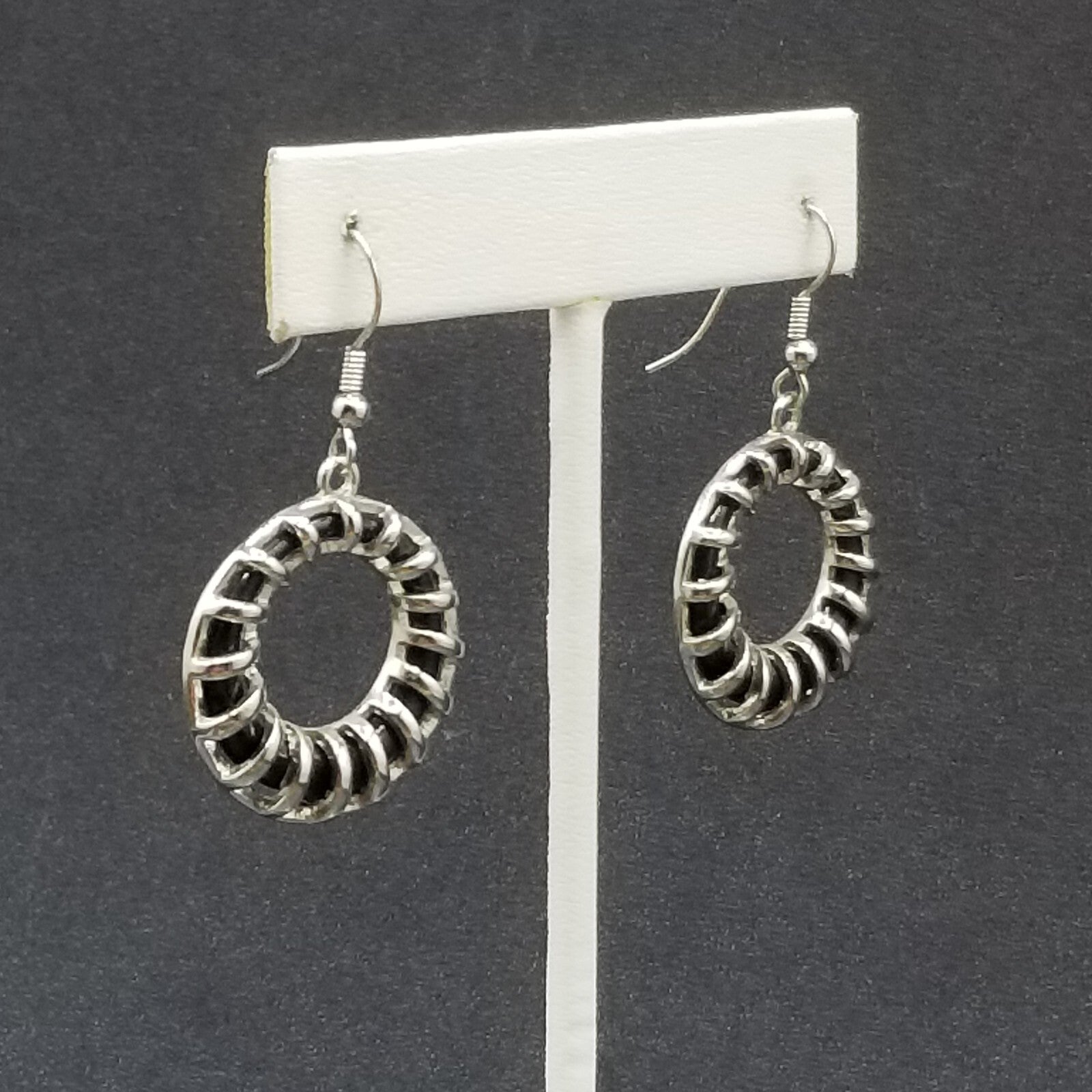 Pierced Earrings Silver tone Black Acrylic Geometric Ring Statement Dangle 1"
