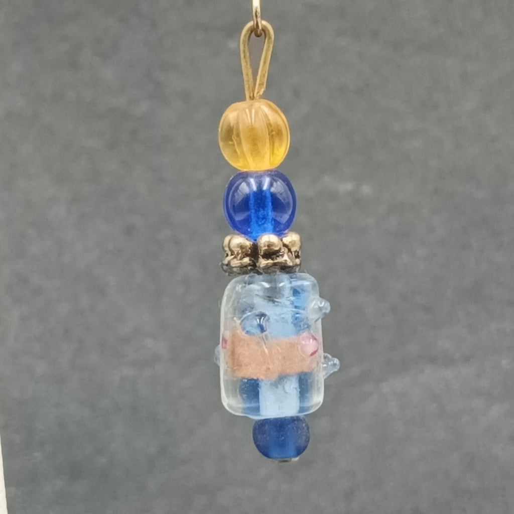 Pierced Earrings Wedding Cake Art Glass Blue Beaded Gold tone Hook Dangle 1 1/8'