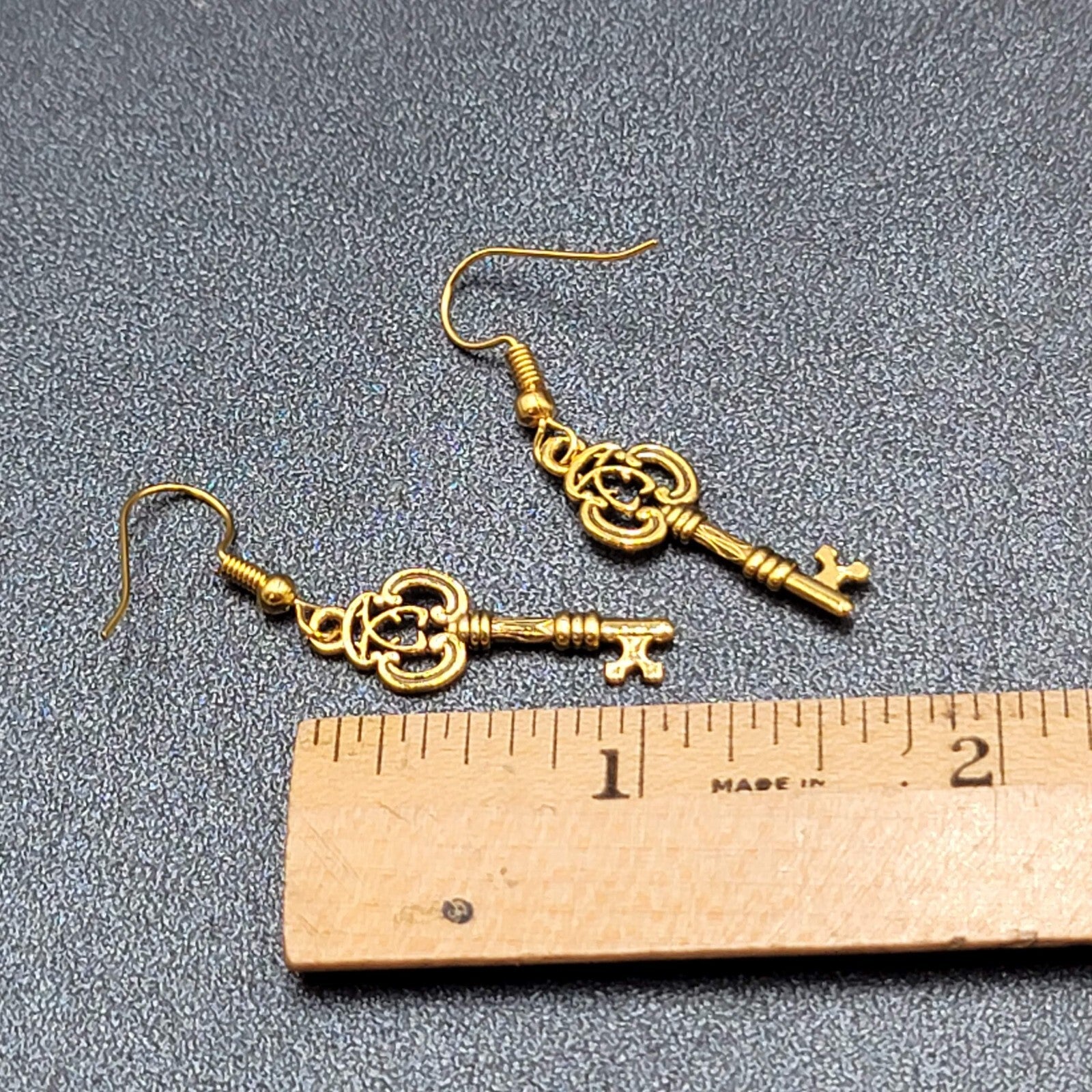 Skeleton Key Pierced Earrings Gold Plated Dangle 1"