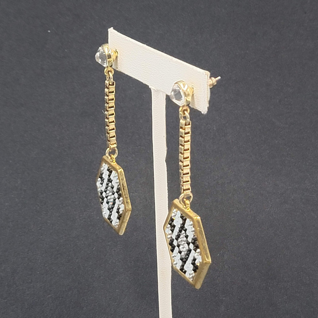 Pierced Earrings Gold Plated Rhinestone Studded Hexagon Dangle Chain Signed 