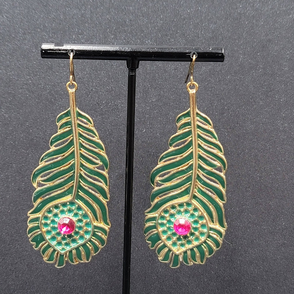Metal Feather Pierced Earrings Green Enamel Pink Rhinestone Large Dangle 2 5/8"