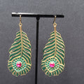 Metal Feather Pierced Earrings Green Enamel Pink Rhinestone Large Dangle 2 5/8"