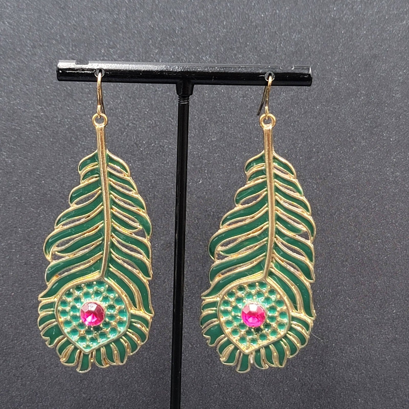 Metal Feather Pierced Earrings Green Enamel Pink Rhinestone Large Dangle 2 5/8"
