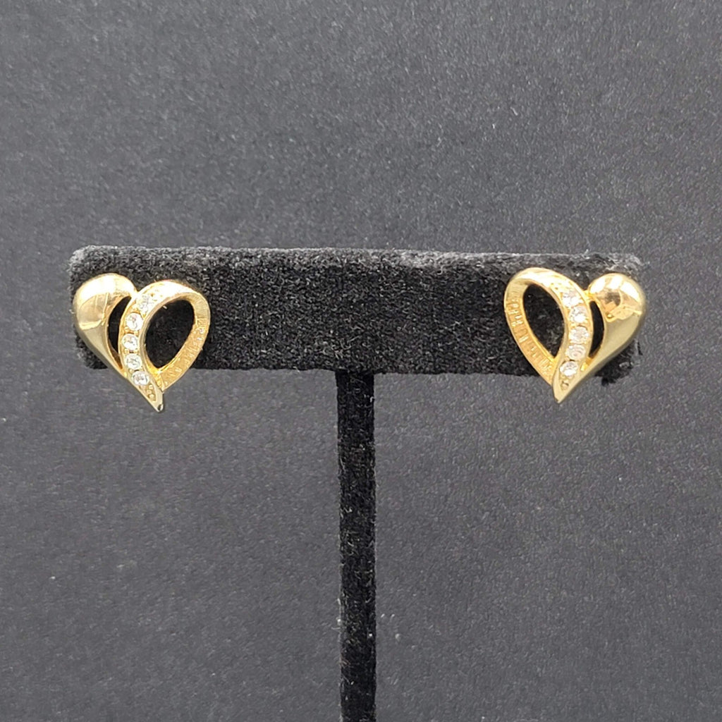 Vintage Pierced Earrings Gold Plated Crystal Heart Studs 3/4"