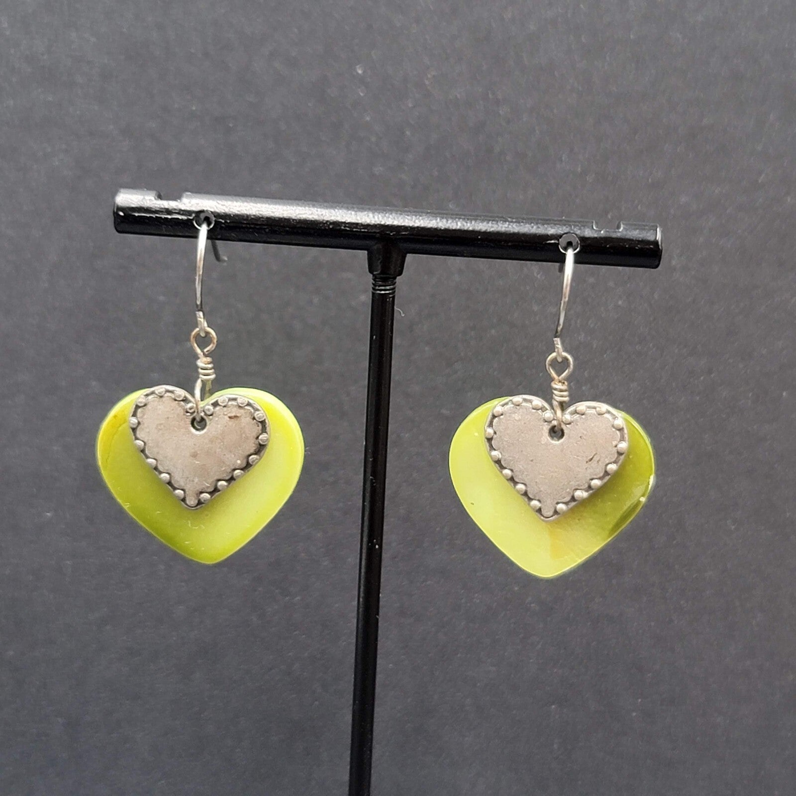 Vintage Heart Pierced Earrings Green Shell Silver tone Layered Dangle 3/4"