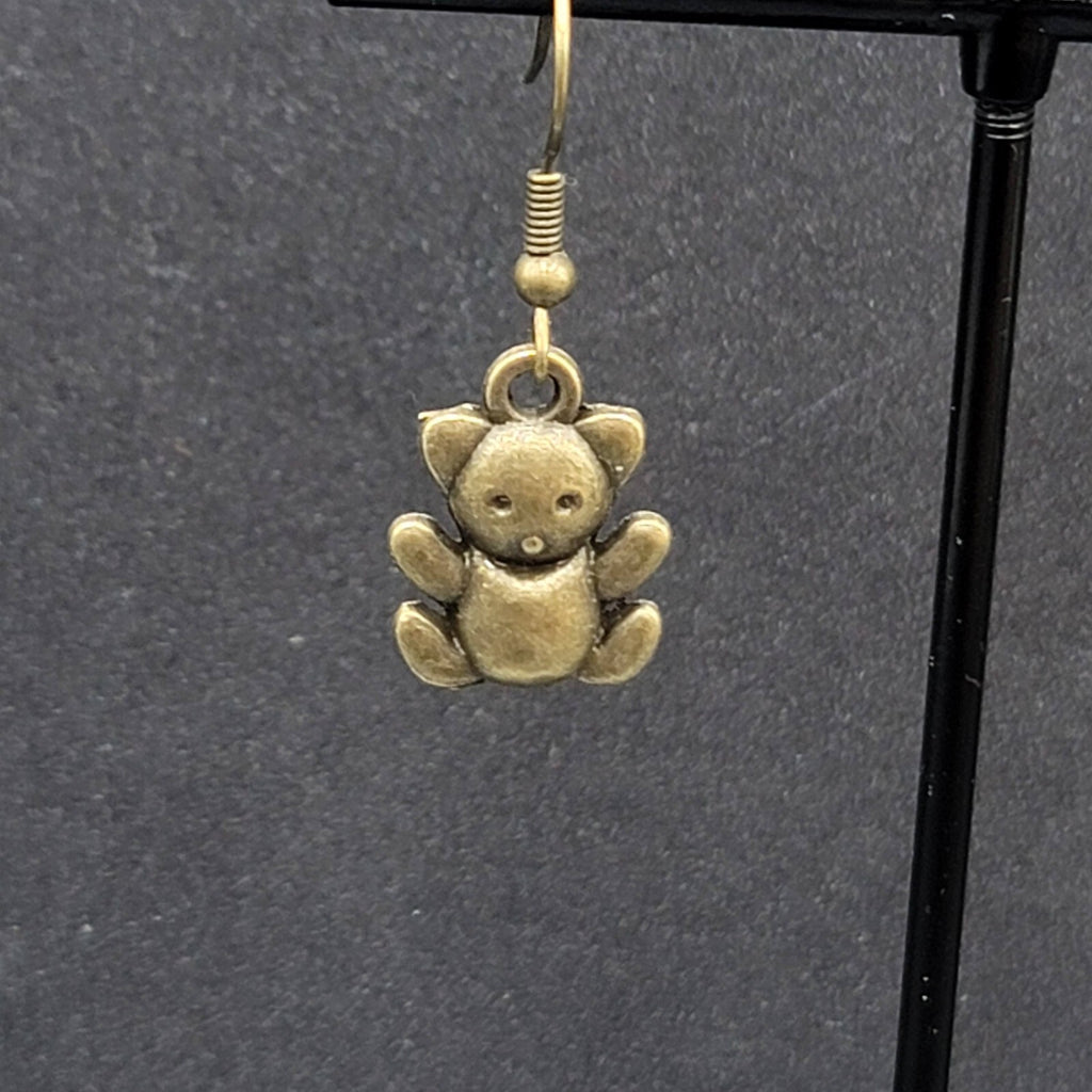 Teddy Bear Pierced Earrings Bronze tone Embossed Dangle New 3/4"