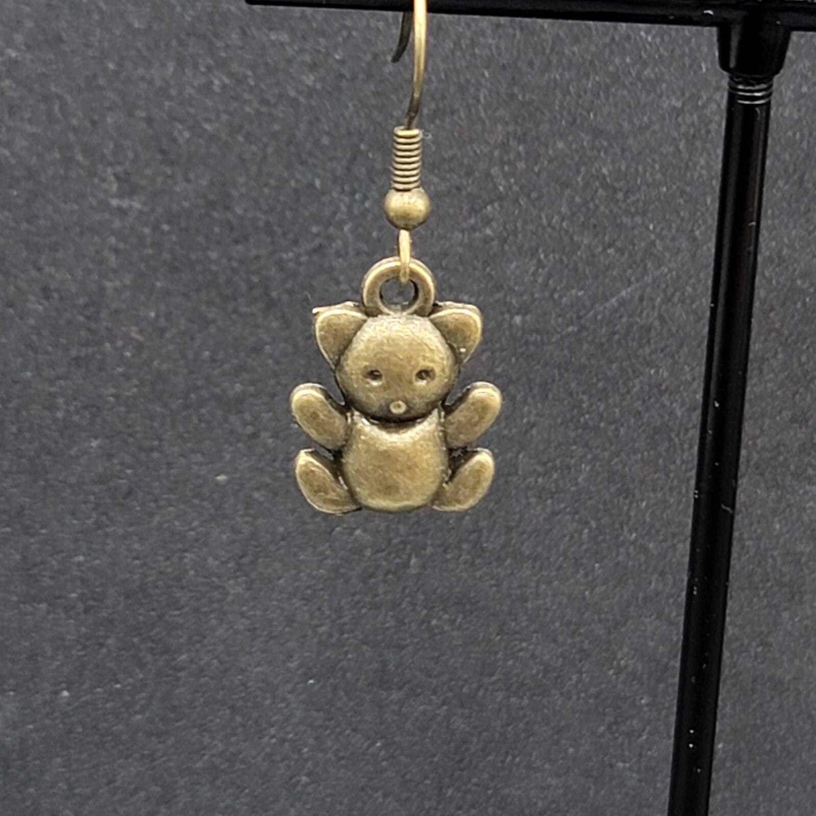 Teddy Bear Pierced Earrings Bronze tone Embossed Dangle New 3/4"