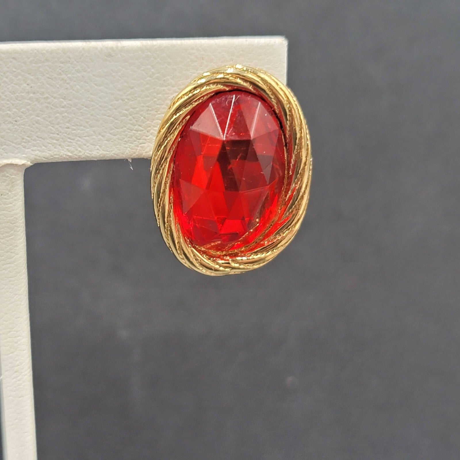 Vintage Pierced Earrings Gold Plated Red Faceted Glass Drop 1"