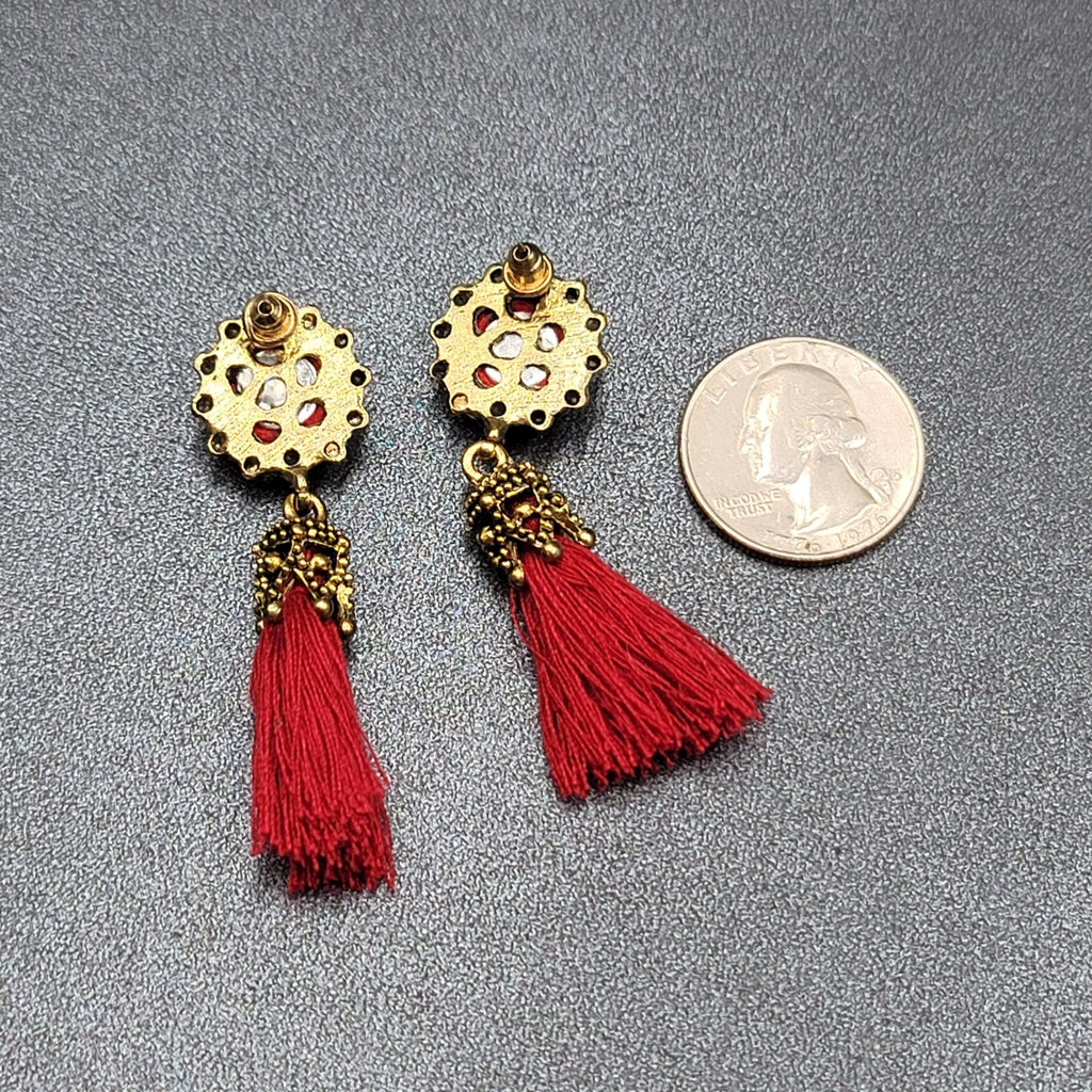 Boho Pierced Earrings Antiqued Gold tone Red String Tassel 2"