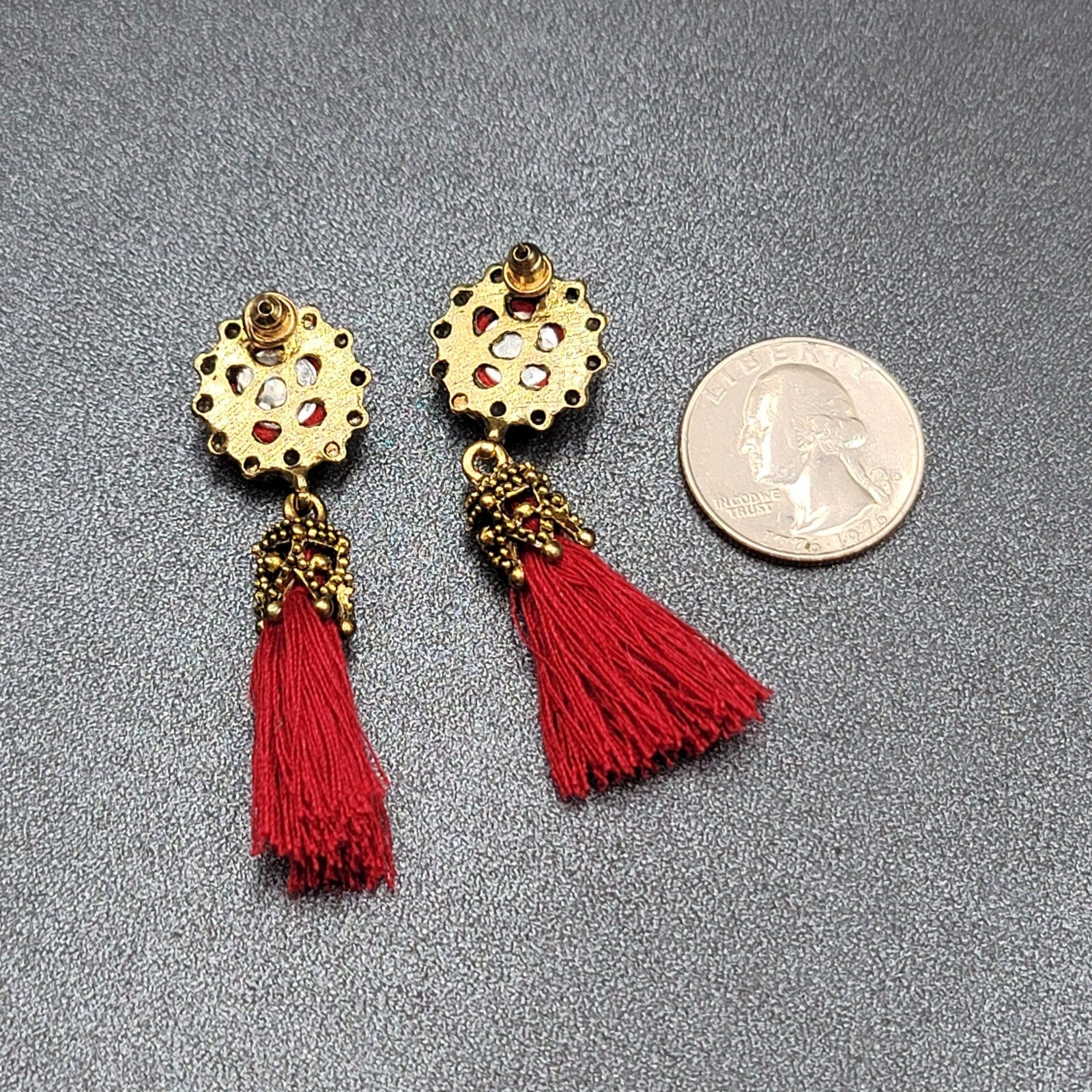 Boho Pierced Earrings Antiqued Gold tone Red String Tassel 2"