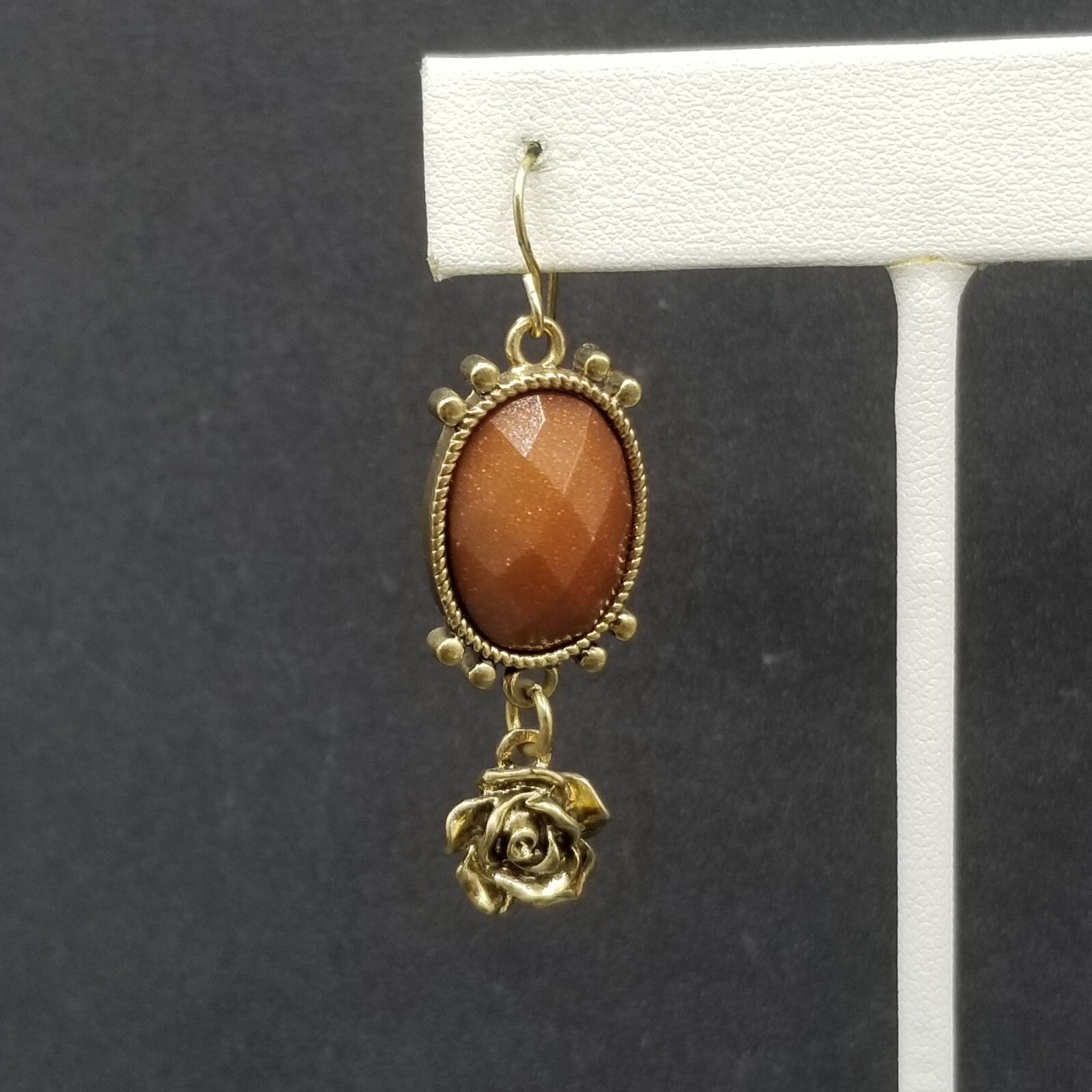 Pierced Earrings Gold tone Brown Sparkle Acrylic Flower Dangle 1 3/4"