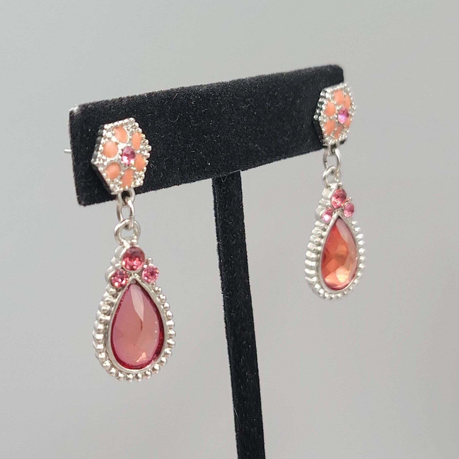 Pierced Earrings Gold tone Pink Rhinestone Teardrop Dangle 1.5"